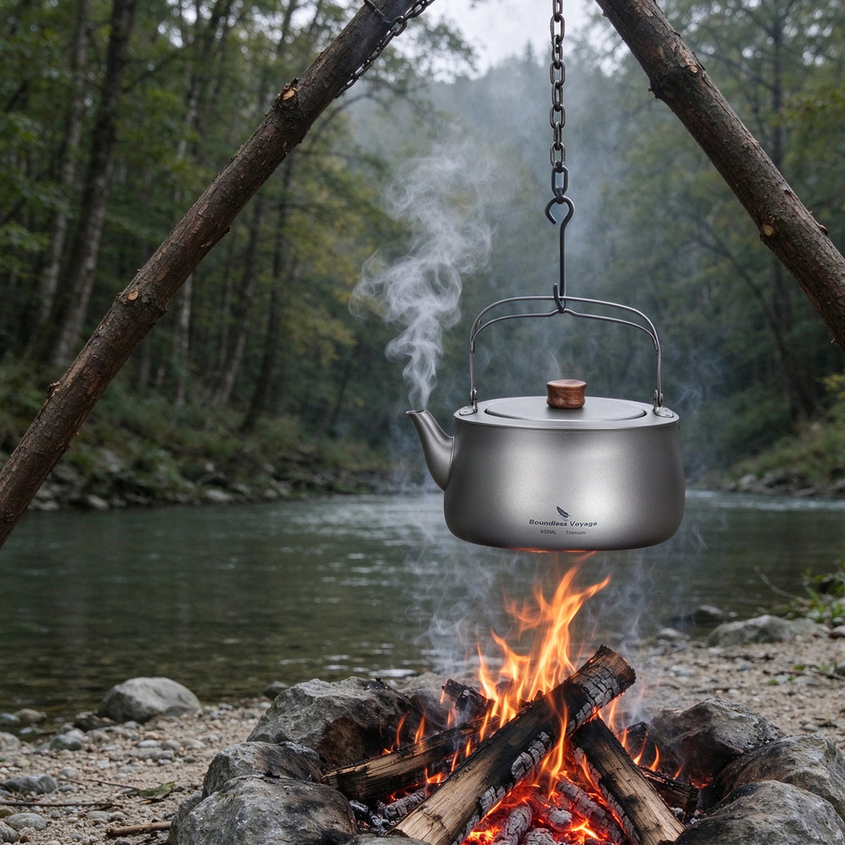 Boundless Voyage 800ml Titanium Camping Kettle – Ultralight Water Boiler with Folding Handle & Wooden Knob for Backpacking, Hiking & Outdoor Cooking