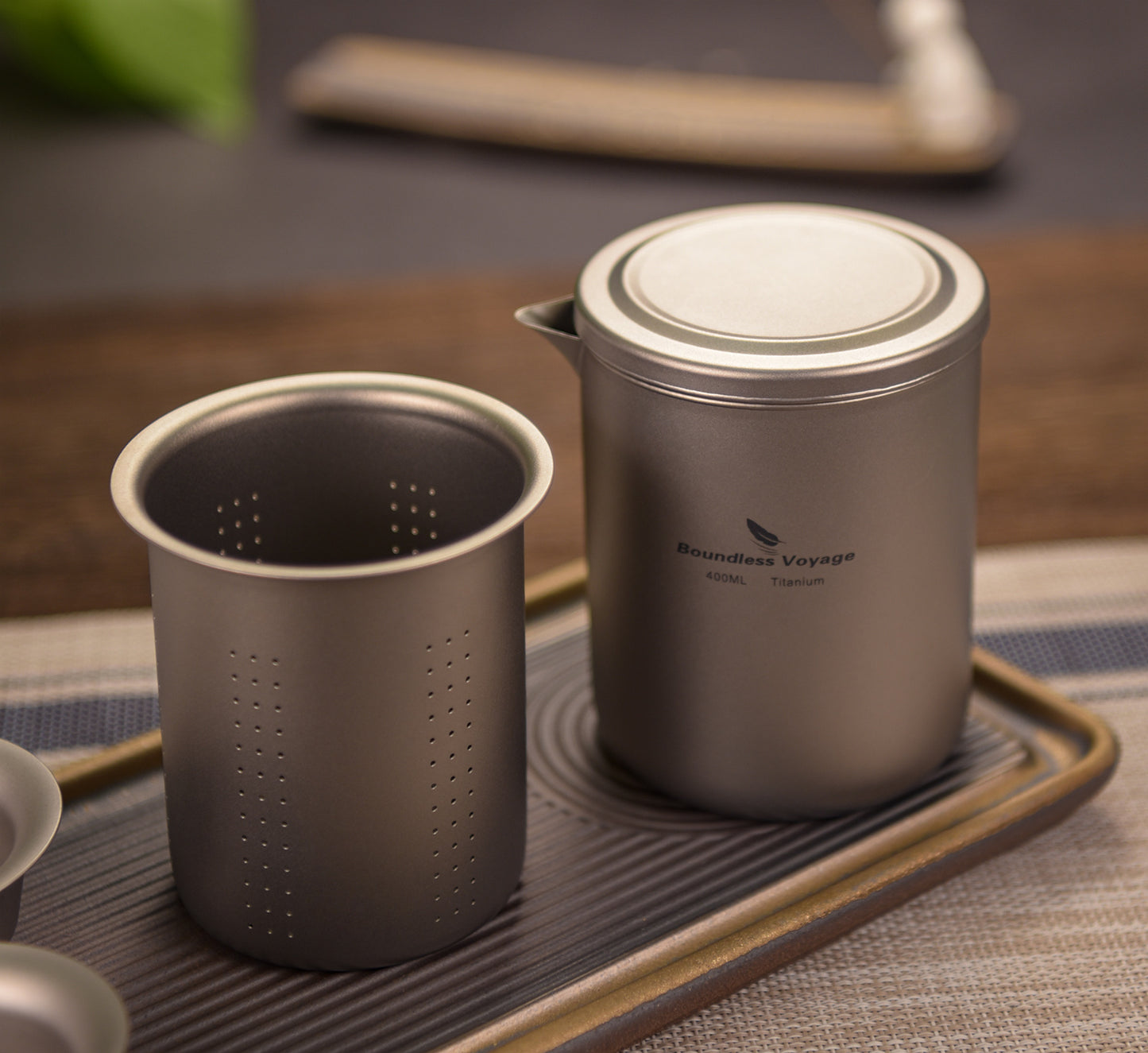 Boundless Voyage 400ml Titanium Double-Layer Tea Maker Set | 168g Insulated Teapot with 45ml Anti-Scald Cups | Lightweight Double-Walled Travel Tea Set