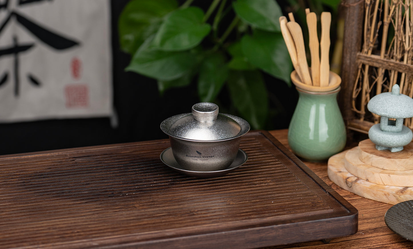 Boundless Voyage 130ml Crystallized Titanium Gaiwan Set | Ultralight 121g Chinese Kung Fu Tea Bowl | Double-Walled Anti-Scald Teacup with Lid & Saucer