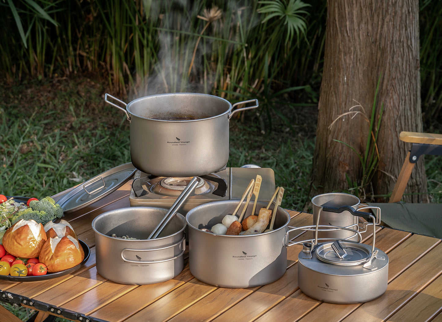 Boundless Voyage Titanium Cookware Set 3-Piece (1.2L/1.8L/2.4L) – Ultralight Camping Pots Set, Nesting Titanium Cooking Kit for Backpacking, Hiking & Outdoor Cooking