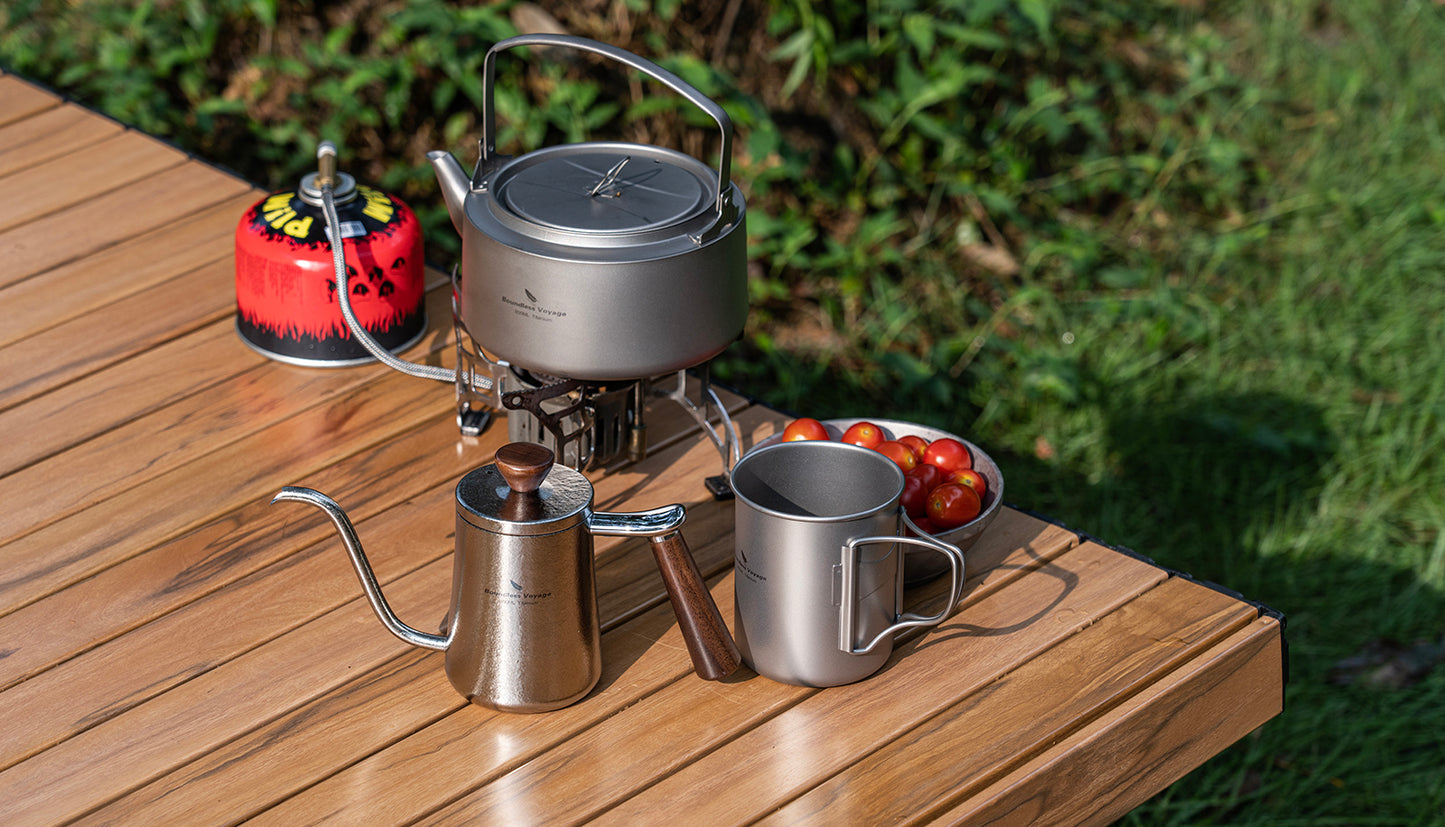 Boundless Voyage 300ml Titanium Pour Over Coffee Kettle with Beech Wood Handle – For Home, Office & Camping