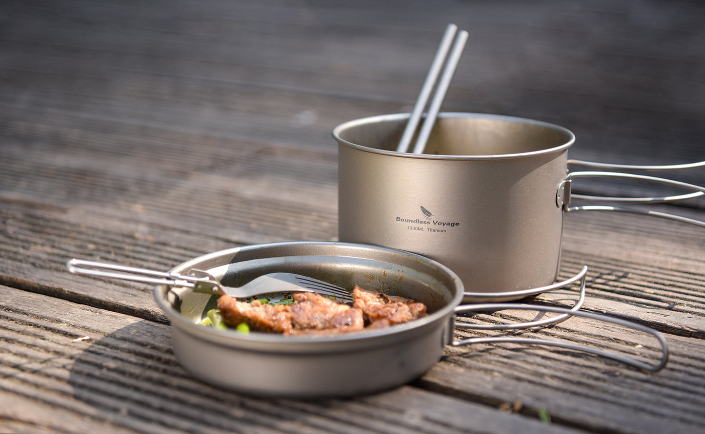 Boundless Voyage Titanium Pot & Frying Pan Set 1200ml – Ultralight Camping Cookware, Nesting TA1 Titanium Cooking Set for Backpacking, Hiking & Outdoor Cooking