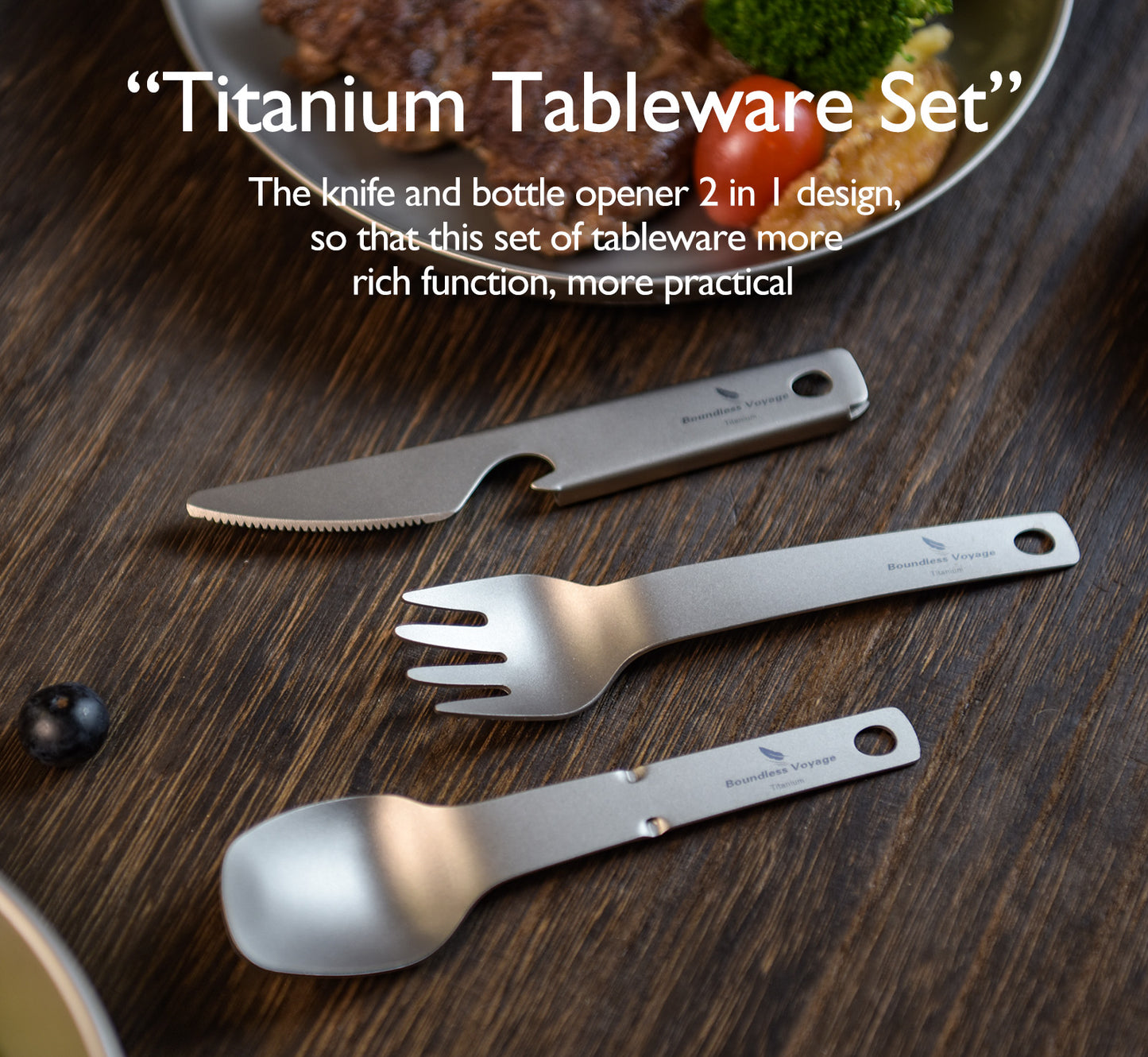 Boundless Voyage Titanium Cutlery Set – Ultralight Camping Knife Fork Spoon Set with Bottle Opener for Travel & Outdoor Use