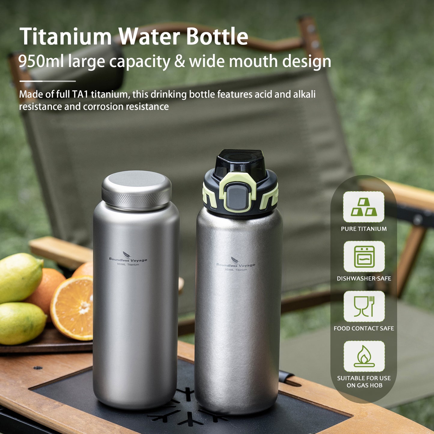 Boundless Voyage 950ml Titanium Water Bottle with Lids – TA1 Ultralight Wide Mouth Canteen for Hiking, Camping & Travel