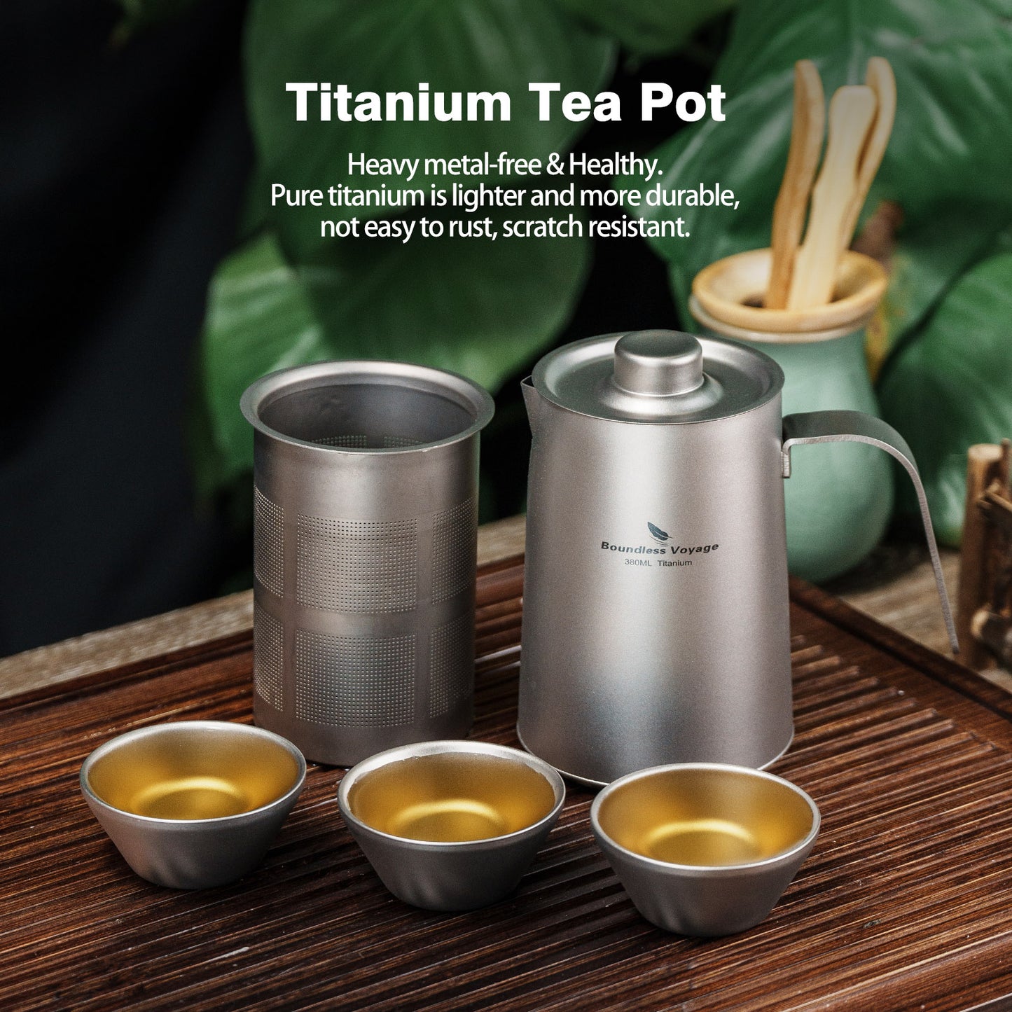 Boundless Voyage 380ml Titanium Teapot Set | 136g Ultralight Kettle with 40ml Double-Wall Cups | Anti-Scald Travel Tea Set for Camping & Hiking