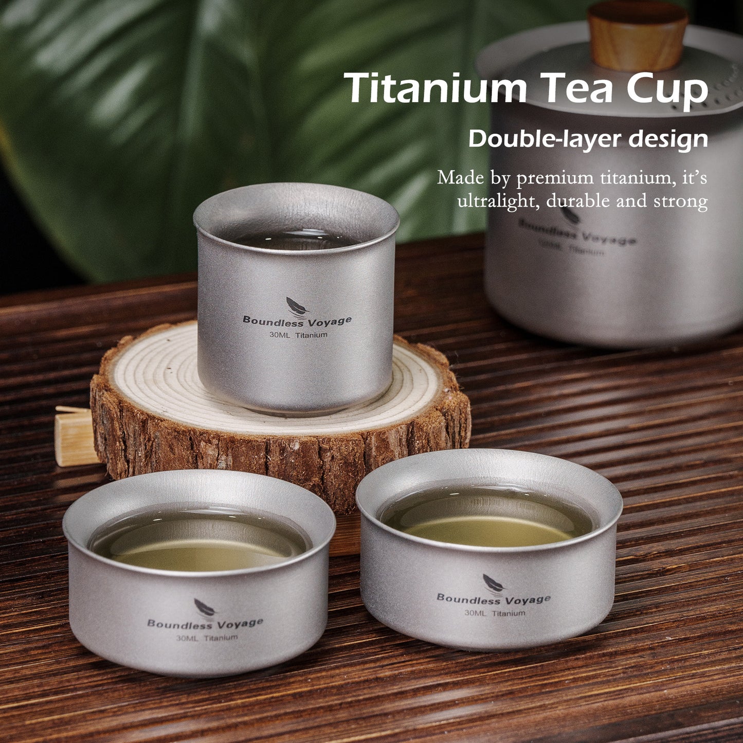 Boundless Voyage 3-Piece Titanium Double-Walled Tea Cup Set | 30ml Mini Insulated Coffee Mugs | Anti-Scald Ultralight Tasting Cups for Camping