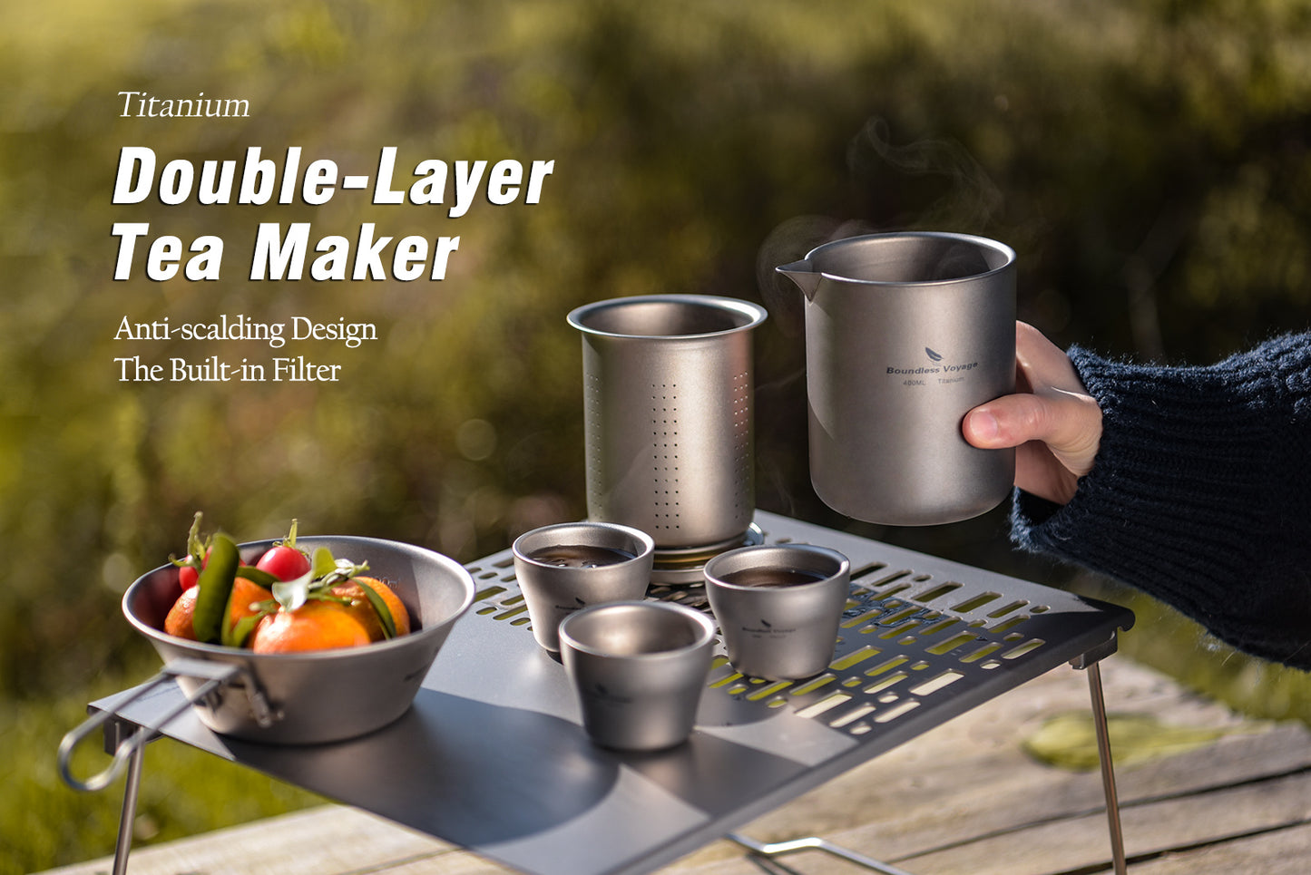 Boundless Voyage 400ml Titanium Double-Layer Tea Maker Set | 168g Insulated Teapot with 45ml Anti-Scald Cups | Lightweight Double-Walled Travel Tea Set