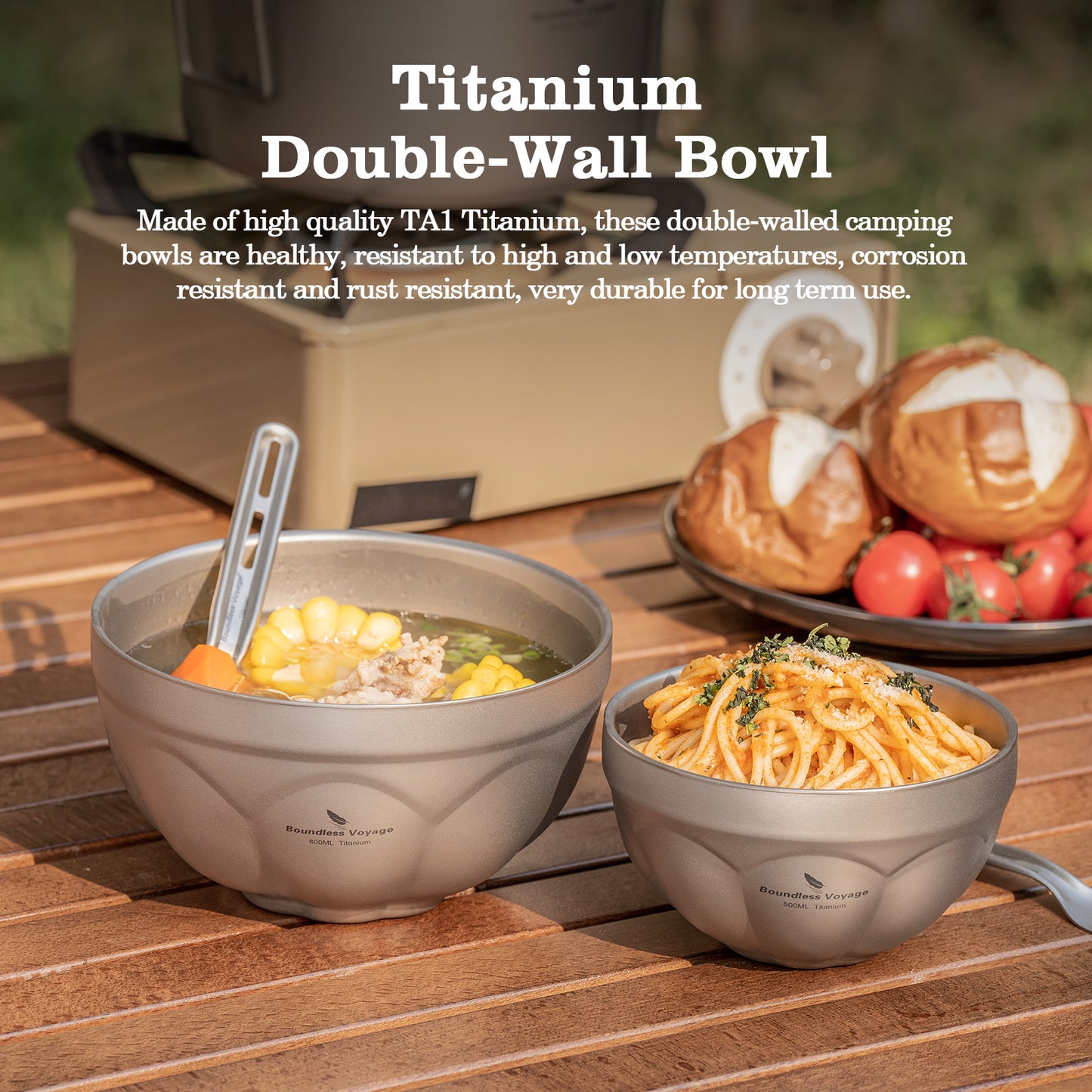 Boundless Voyage Titanium Double-Wall Bowl Set – 500ml & 800ml Insulated Camping Bowls for Soup, Oatmeal & Outdoor Dining
