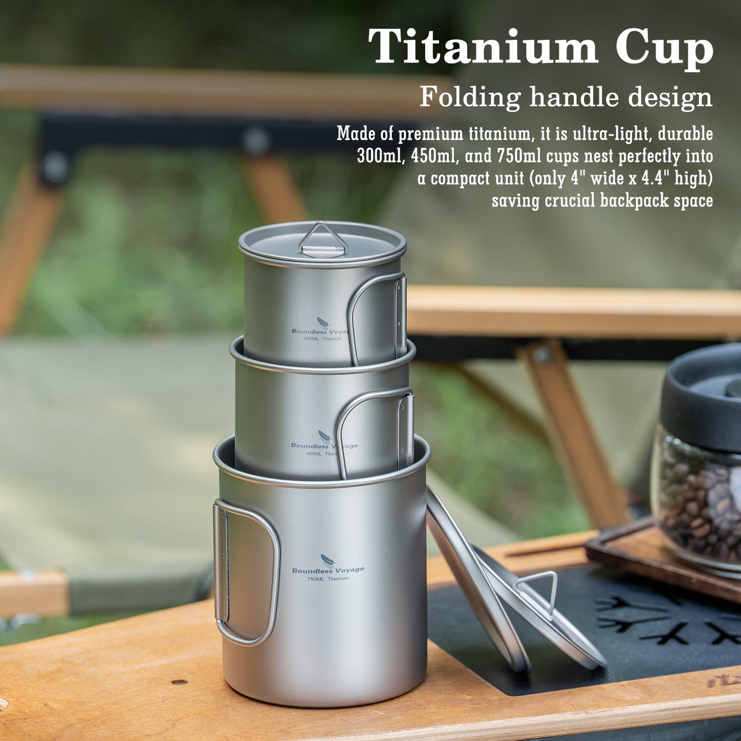 Boundless Voyage Titanium Camping Cup with Lid – 300ml / 450ml / 750ml Stackable Ultralight Mug Pot for Backpacking, Hiking & Outdoor Cooking