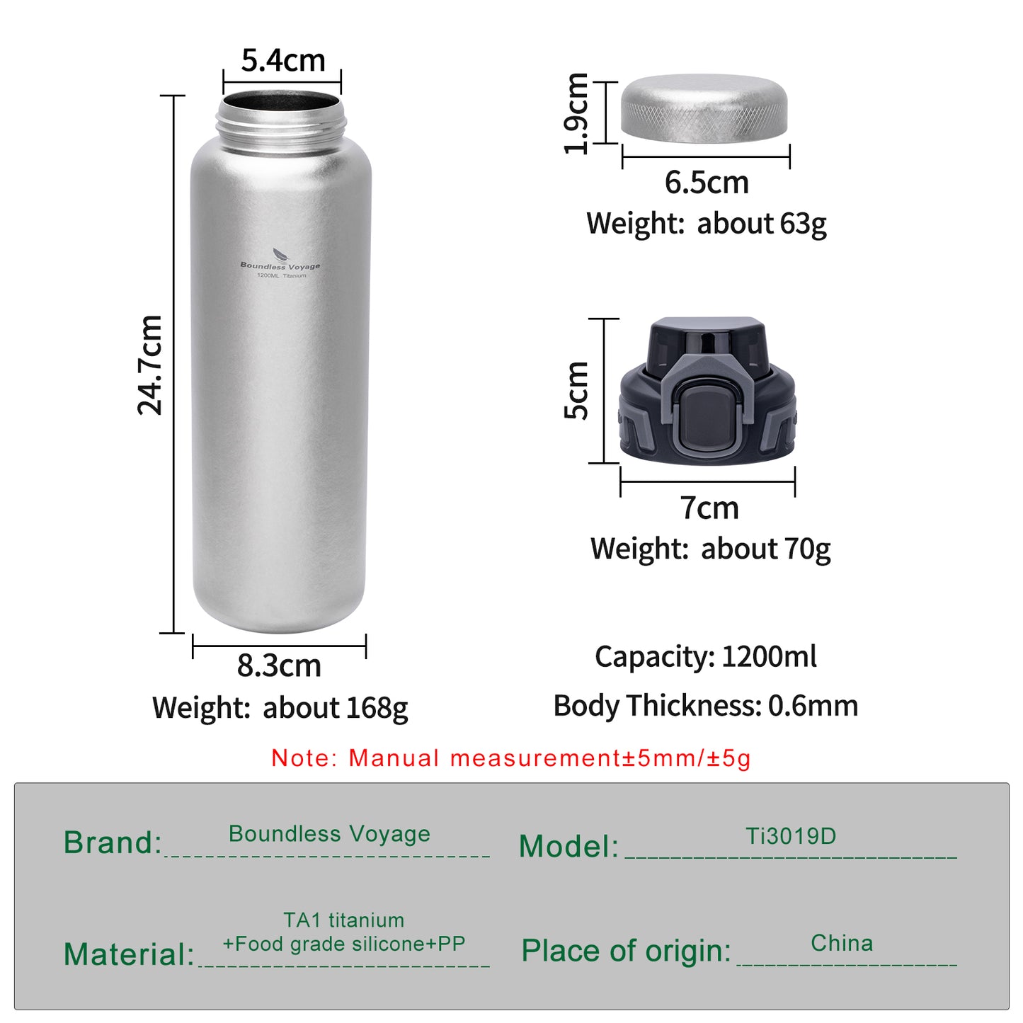 Boundless Voyage 1200ml Titanium Water Bottle with Dual Lids – Wide Mouth Leakproof Outdoor Bottle for Camping, Hiking, Gym & Travel