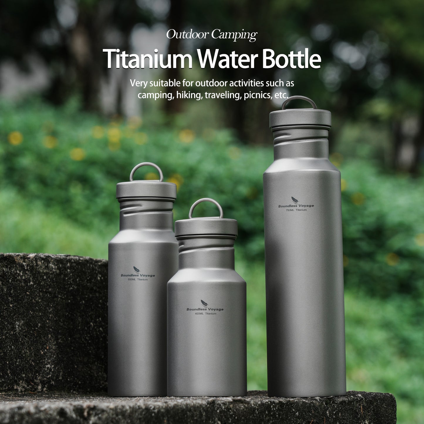 Boundless Voyage Titanium Water Bottle 750ml with Lid Wide Mouth Leak-Proof Reusable Sport Drinking Bottle for Camping Hiking Tea Coffee