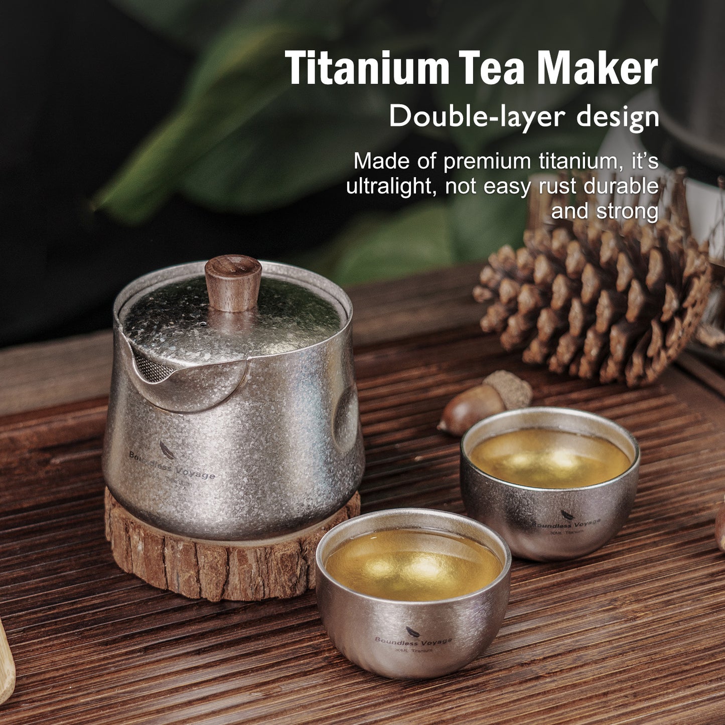 Boundless Voyage 150ml Titanium Double-Layer Tea Maker | 90g Ultralight Mini Teapot with Wood Handle | Anti-Scald Insulated Tea Mug for Solo Camping