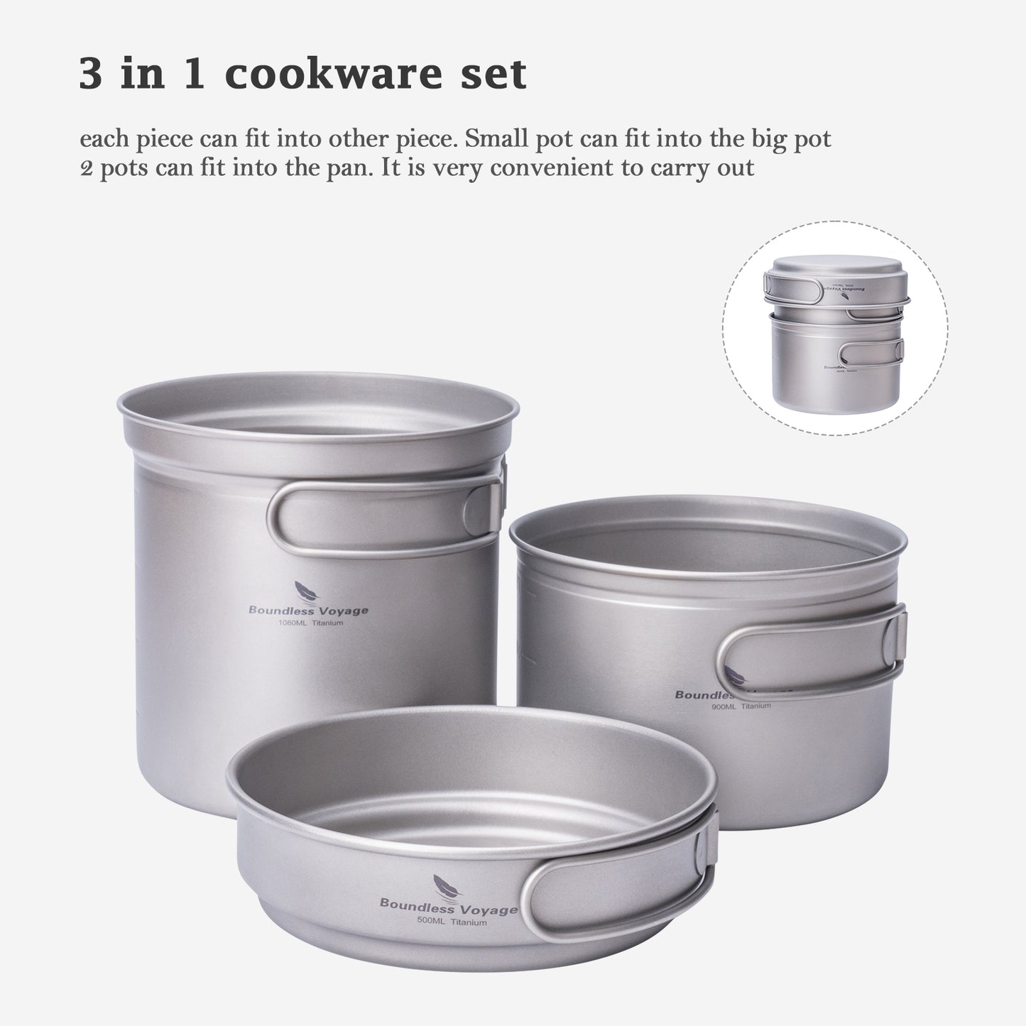 Boundless Voyage Titanium Cookware Set (3-Piece) – Ultralight Camping Pot, Pan & Cooking Set, Nesting TA1 Titanium Gear for Backpacking, Hiking & Outdoor Cookin