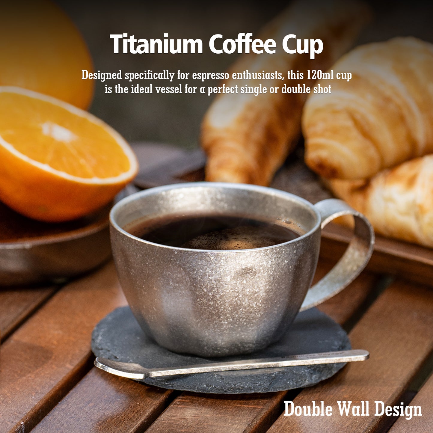 Boundless Voyage 120ml Titanium Double-Wall Espresso Cup with Coffee Spoon – Ultralight, Heat-Insulated Coffee Cup with Fixed Handle for Home Barista, Office, Travel & Camping