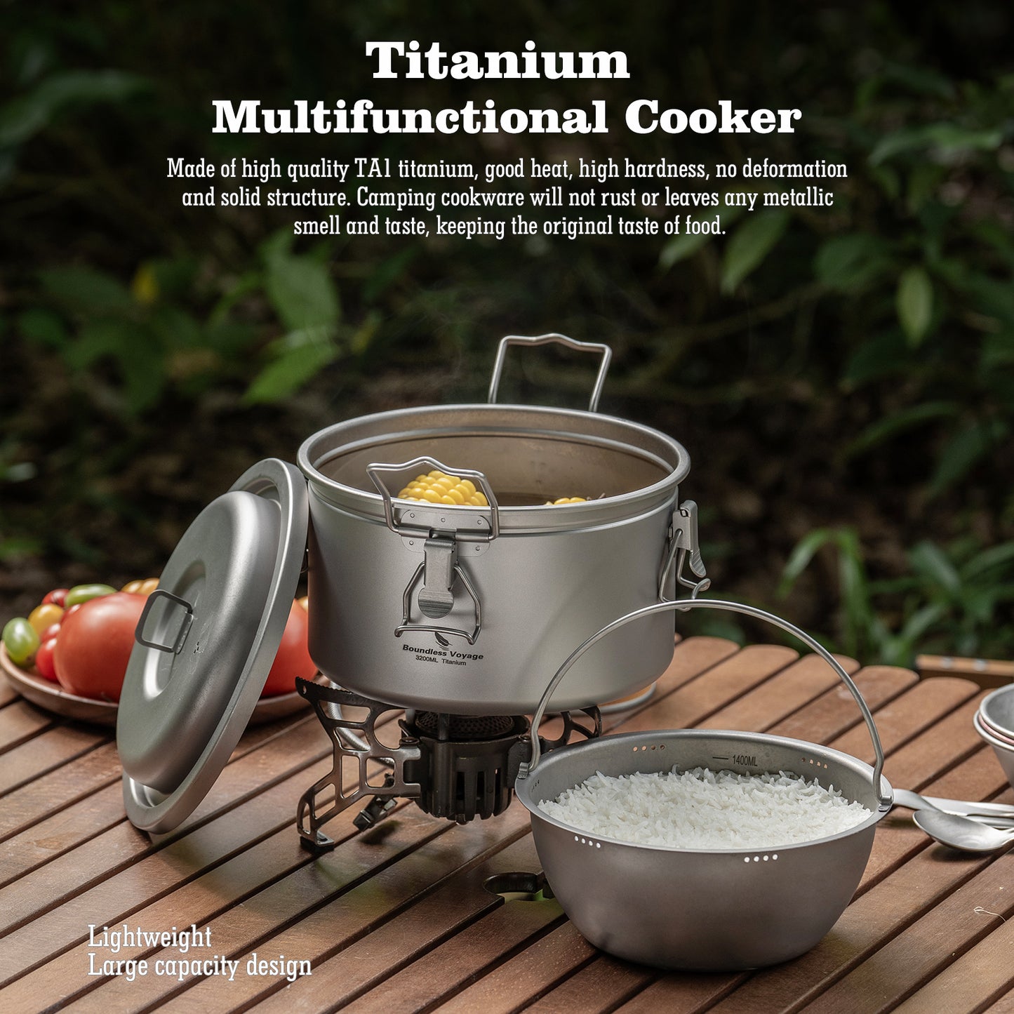 Boundless Voyage 3.2L Titanium Rice Cooker Set – Ultralight Camping Pot with Non-Porous Inner Liner for Outdoor Cooking