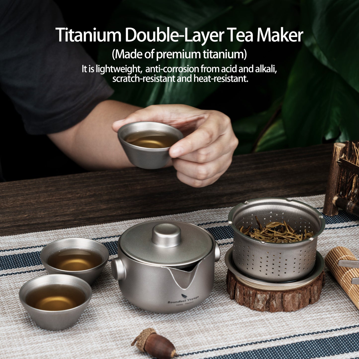 Boundless Voyage 180ml Titanium Double-Layer Tea Set | 136g Ultralight Teapot with 3pcs 30ml Anti-Scald Cups | Stackable Travel Tea Maker for Camping
