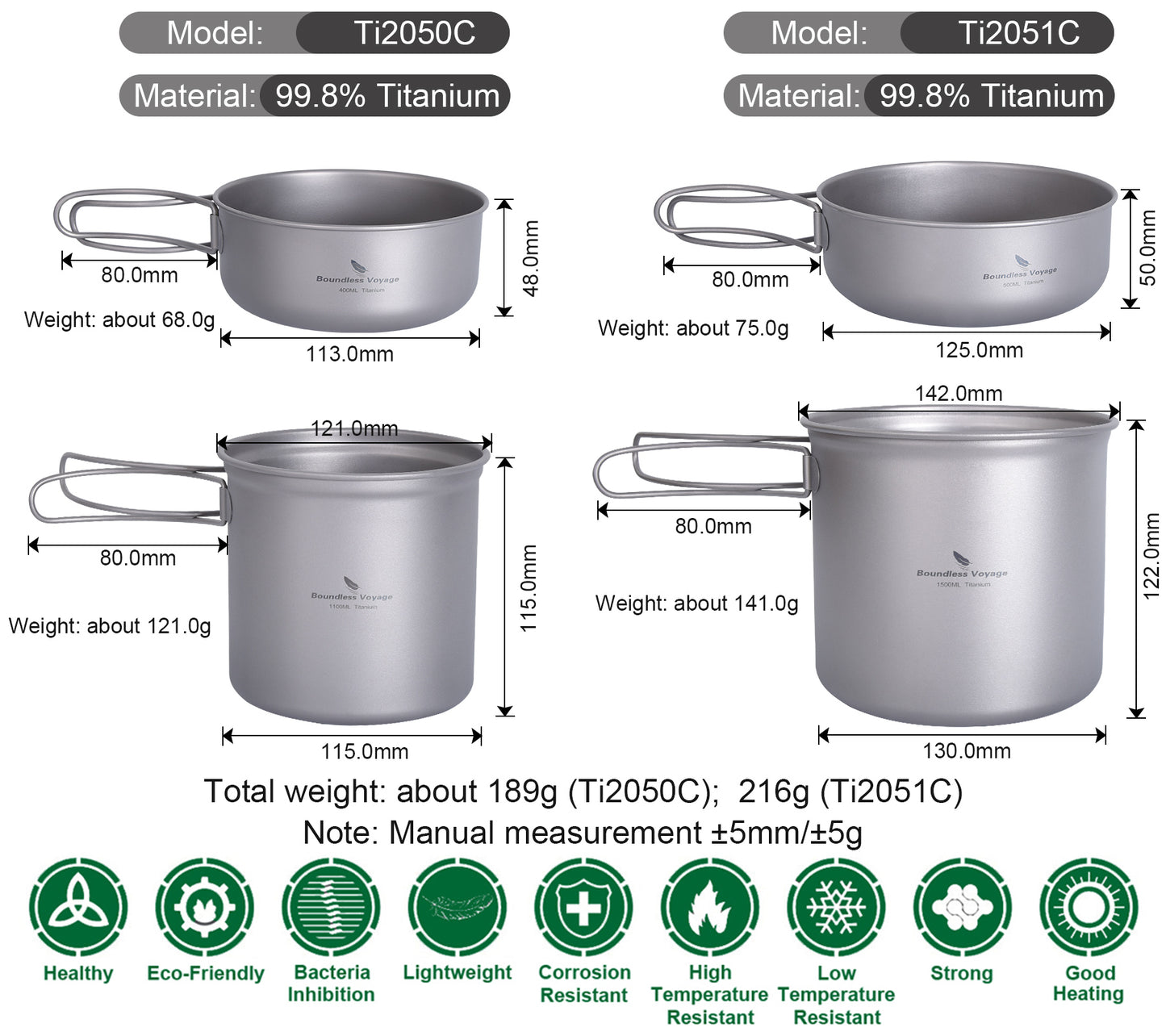 Boundless Voyage Titanium Pot Pan Set 400ml+500ml+1100ml+1500ml– Ultralight Camping Cookware (1100ml / 1500ml), Nesting TA1 Titanium Mug Plate Set for Backpacking & Hiking