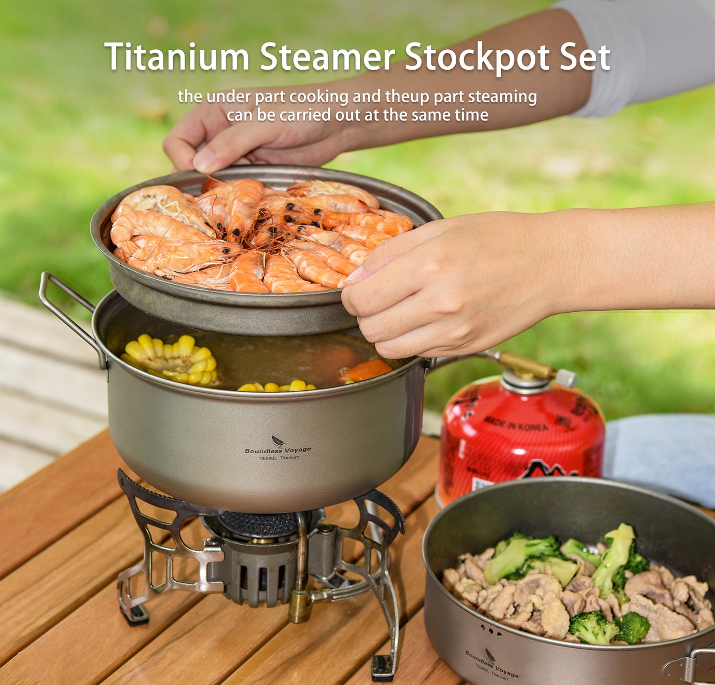 Boundless Voyage Titanium 1.8L Pot & 1000ml Frying Pan Set – Ultralight Steamer & Cookware for Camping, Hiking & Outdoor Cooking