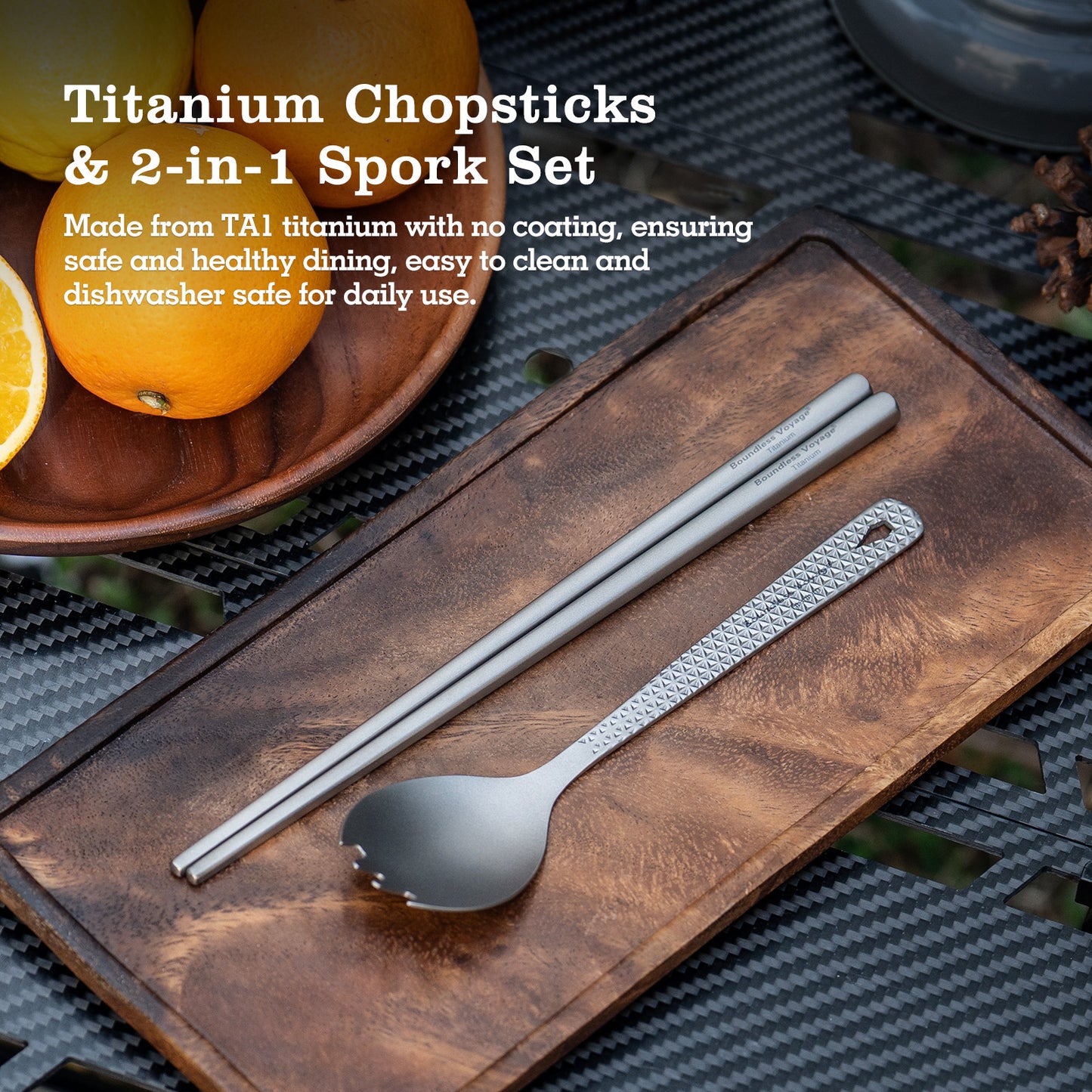 Boundless Voyage Titanium Chopsticks & Spork Set | Ultralight 2-in-1 Camping Cutlery | Non-Coated & Dishwasher Safe