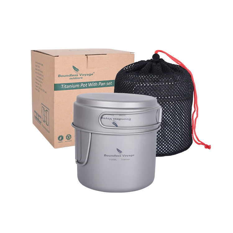 Boundless Voyage Titanium Pot & Pan Set with Folding Handles – Ultralight Camping Cookware Mess Kit for Hiking, Picnic & Outdoor Tableware