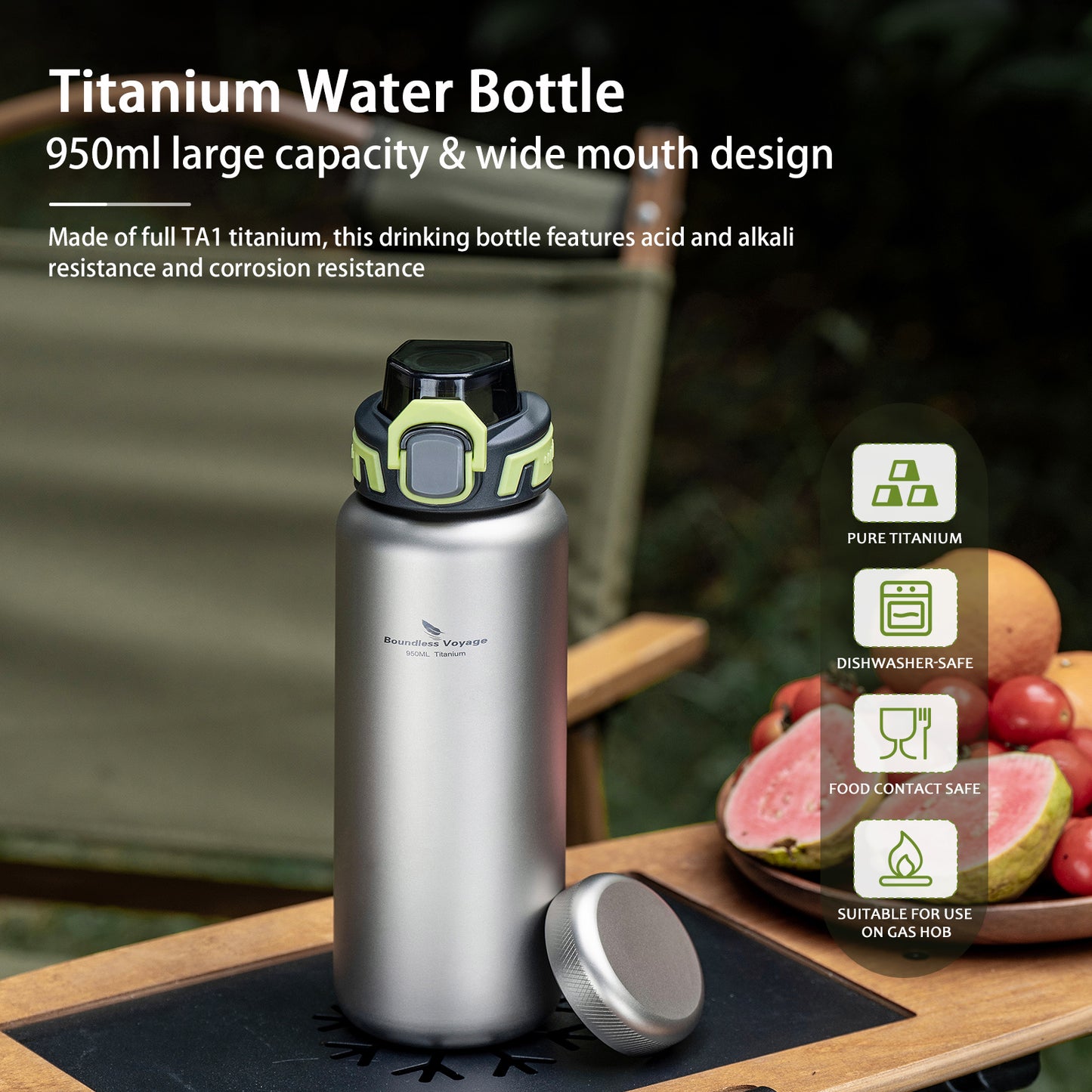 Boundless Voyage 950ml Titanium Water Bottle with Lids – TA1 Ultralight Wide Mouth Canteen for Hiking, Camping & Travel