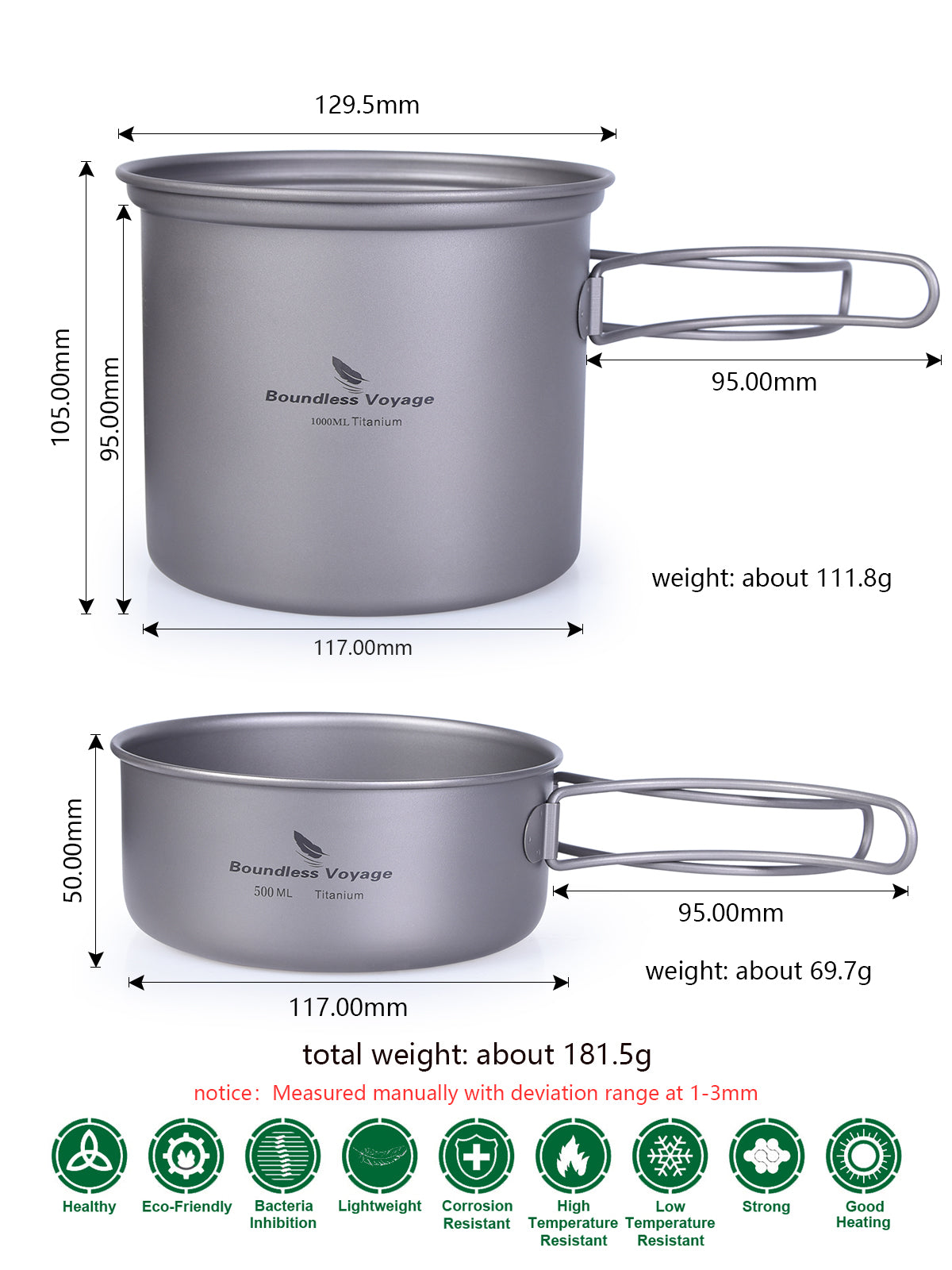 Boundless Voyage Titanium Pot Bowl with Titanium Folding Handle Outdoor Camping Picnic Cookare Tableware Set 1000ml