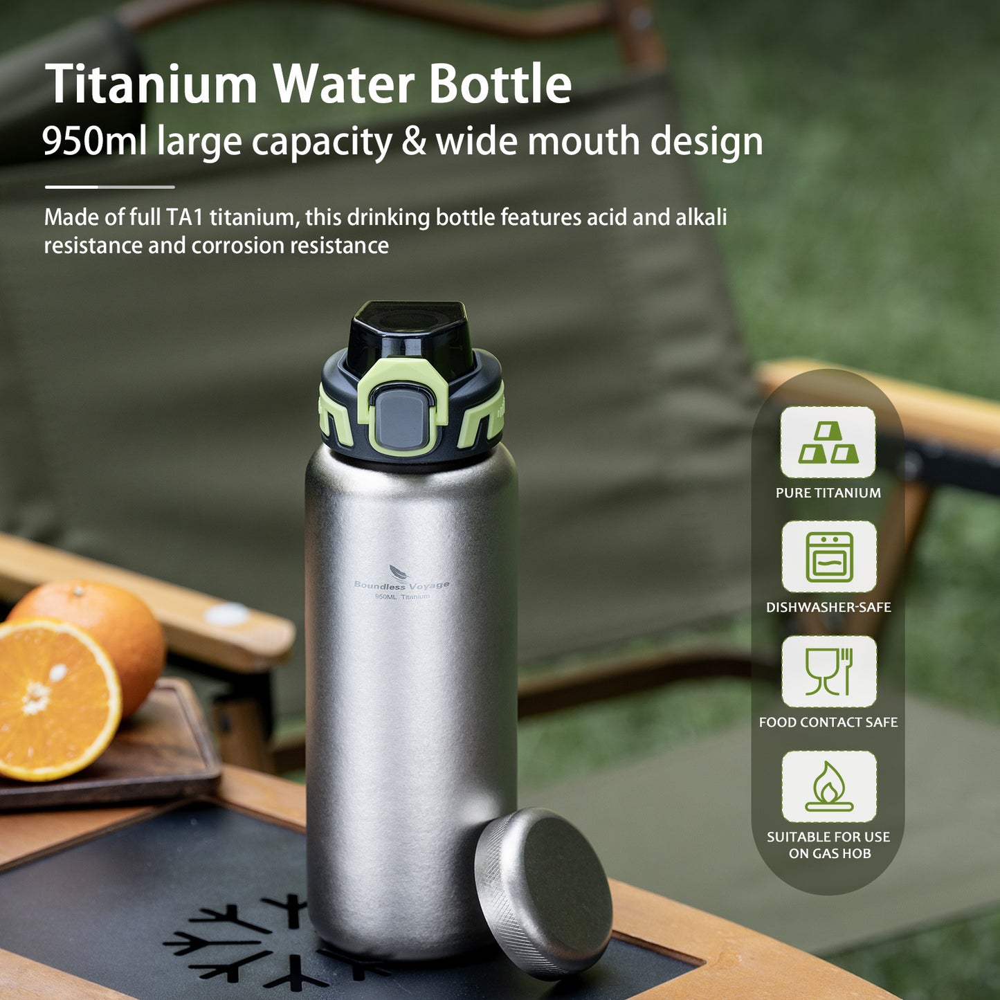 Boundless Voyage 950ml Titanium Water Bottle with Lids – TA1 Ultralight Wide Mouth Canteen for Hiking, Camping & Travel