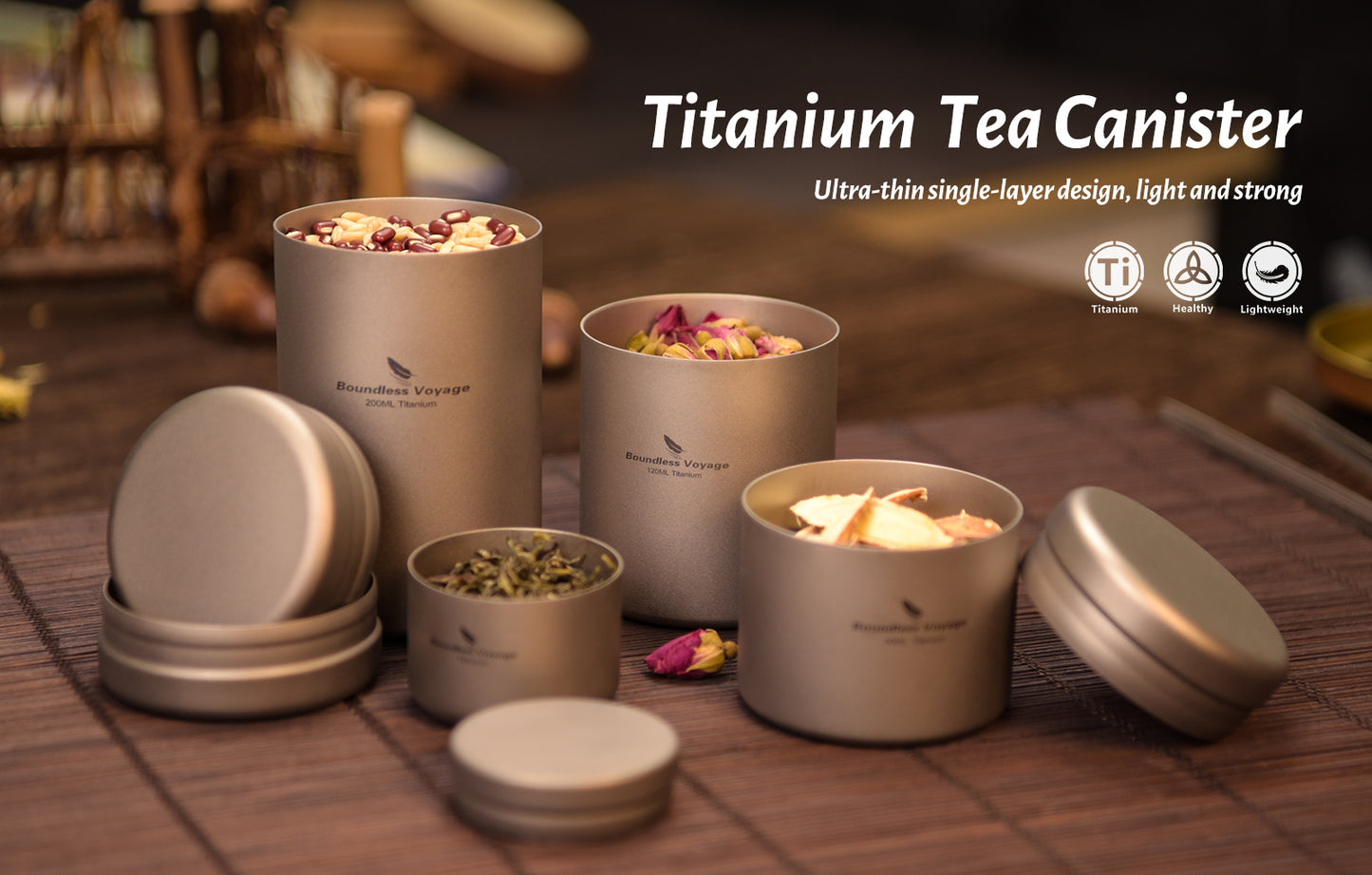 Boundless Voyage 200ml Titanium Tea Caddy – Ultralight Portable Tea Canister for Loose Leaf Tea, Coffee Beans, Spices & Dry Food Storage