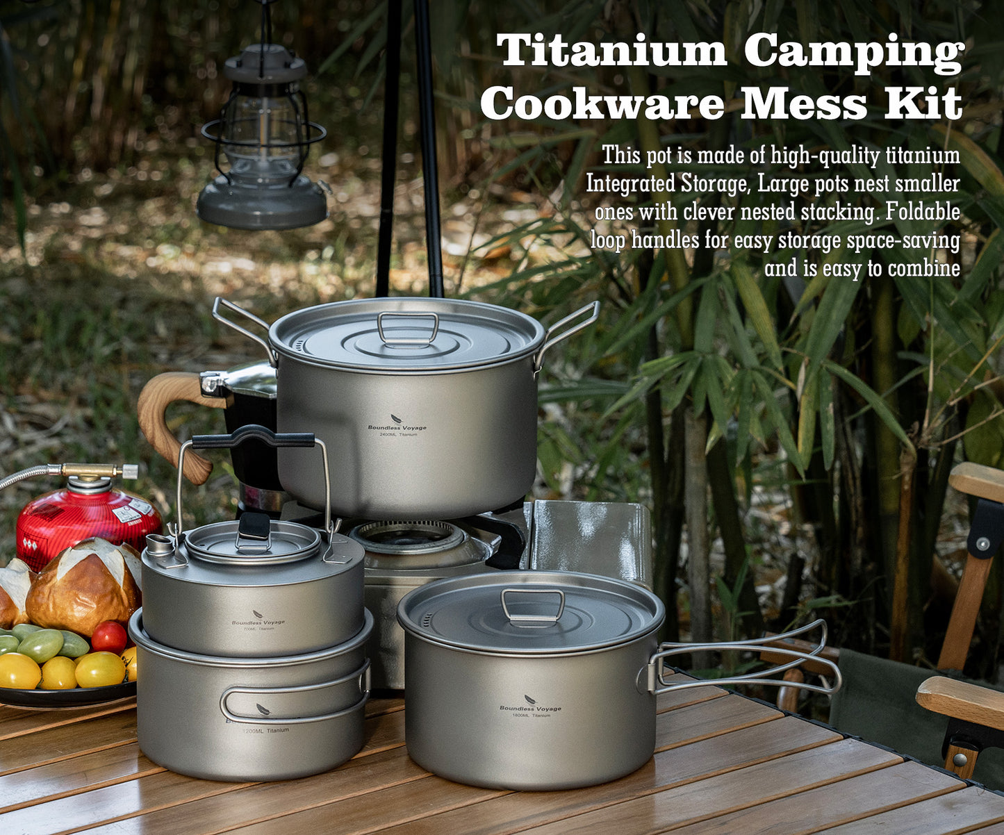 Boundless Voyage Titanium 3pcs Camping Cookware Mess Kit, Camping Cooking Set,  Portable Nonstick Camp Pots Set 1.4L 1.6L 2.4L for Outdoor Camping