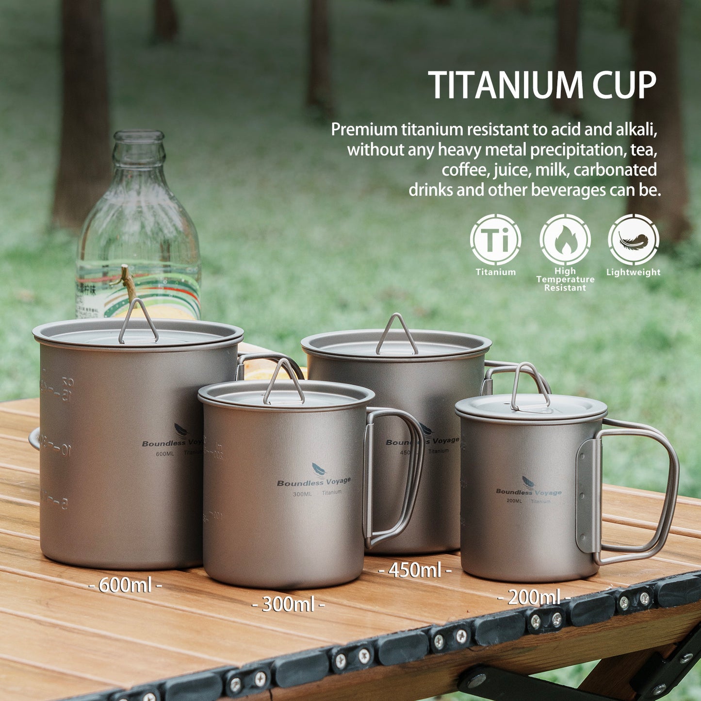 Boundless Voyage 3-Piece Ultralight Titanium Nesting Cup Set | 200/300/450ml Stackable Camping Mug Kit