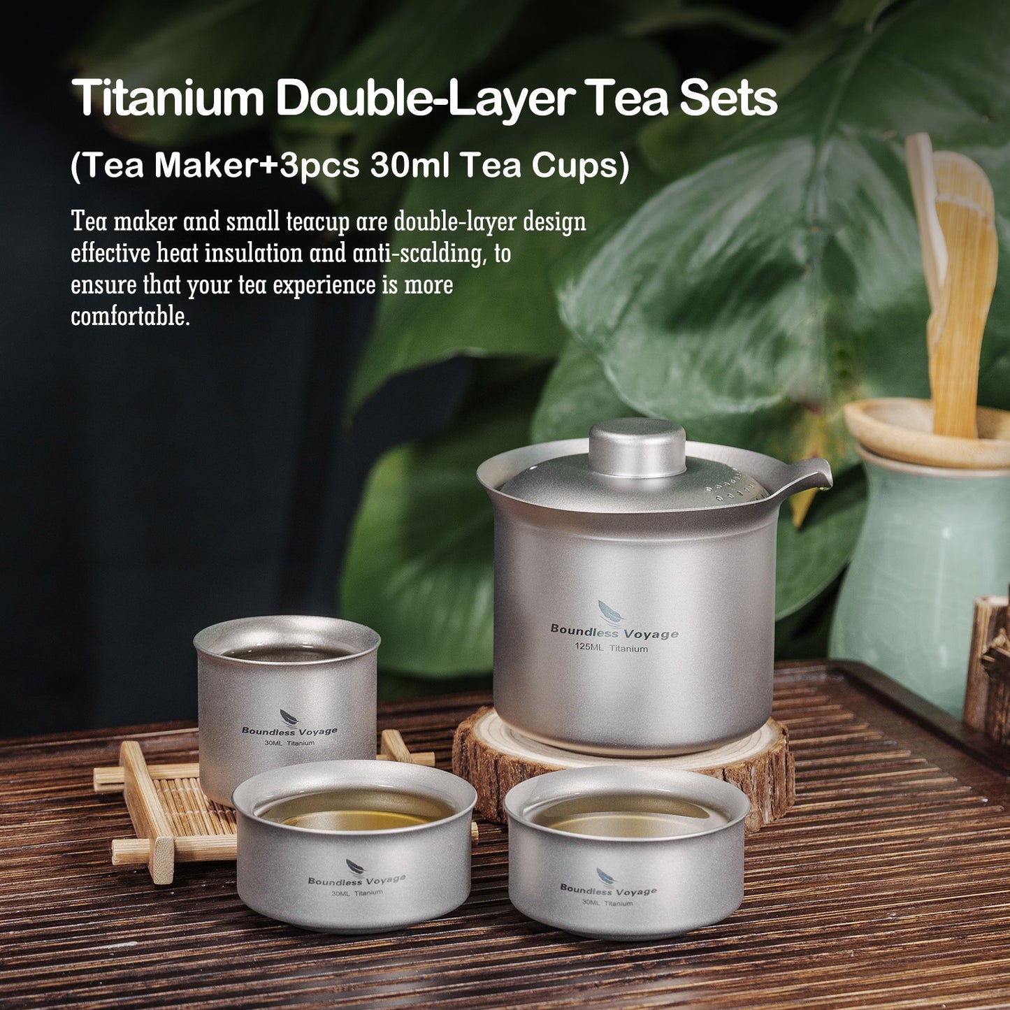 Boundless Voyage Titanium Double-Layer Tea Maker Set – Ultralight Camping Tea Pot + 3 Mini Cups (30ml) for Outdoor Brewing & Travel Tea Ceremony