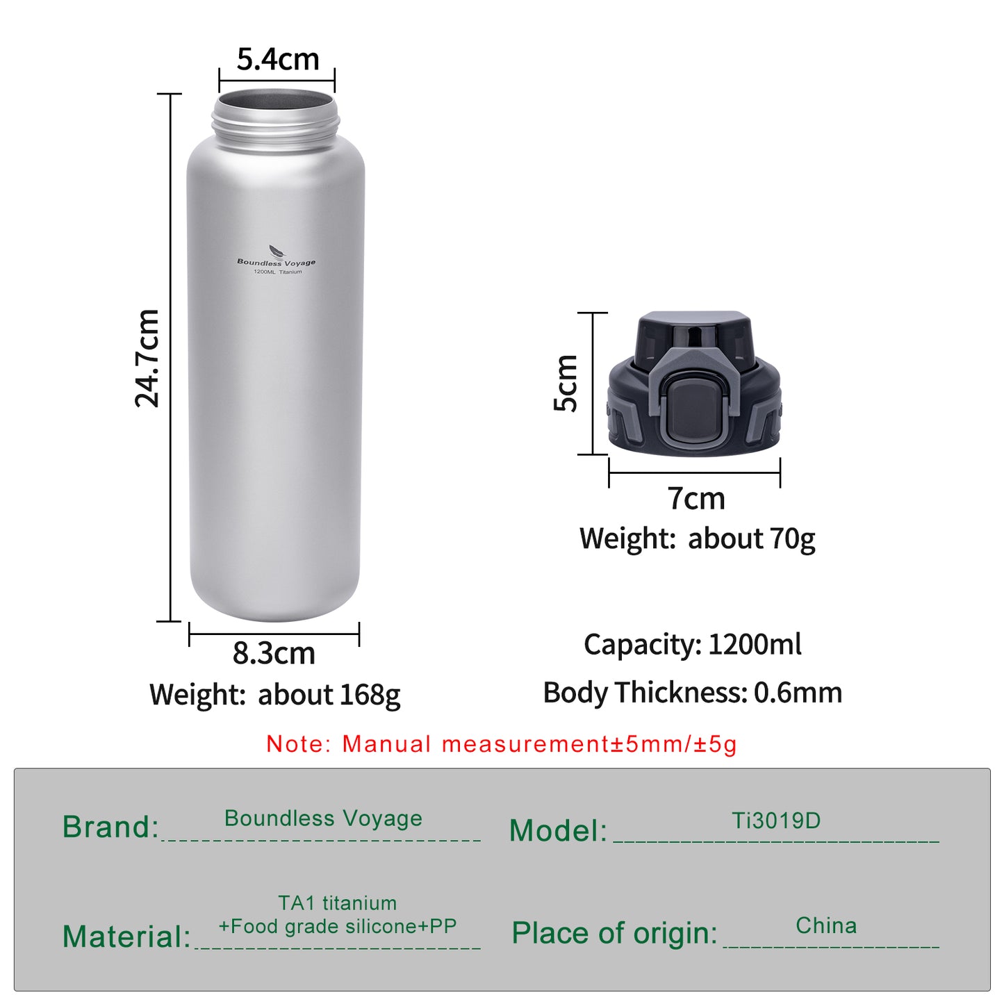 Boundless Voyage 1200ml Titanium Water Bottle with Dual Lids – Wide Mouth Leakproof Outdoor Bottle for Camping, Hiking, Gym & Travel