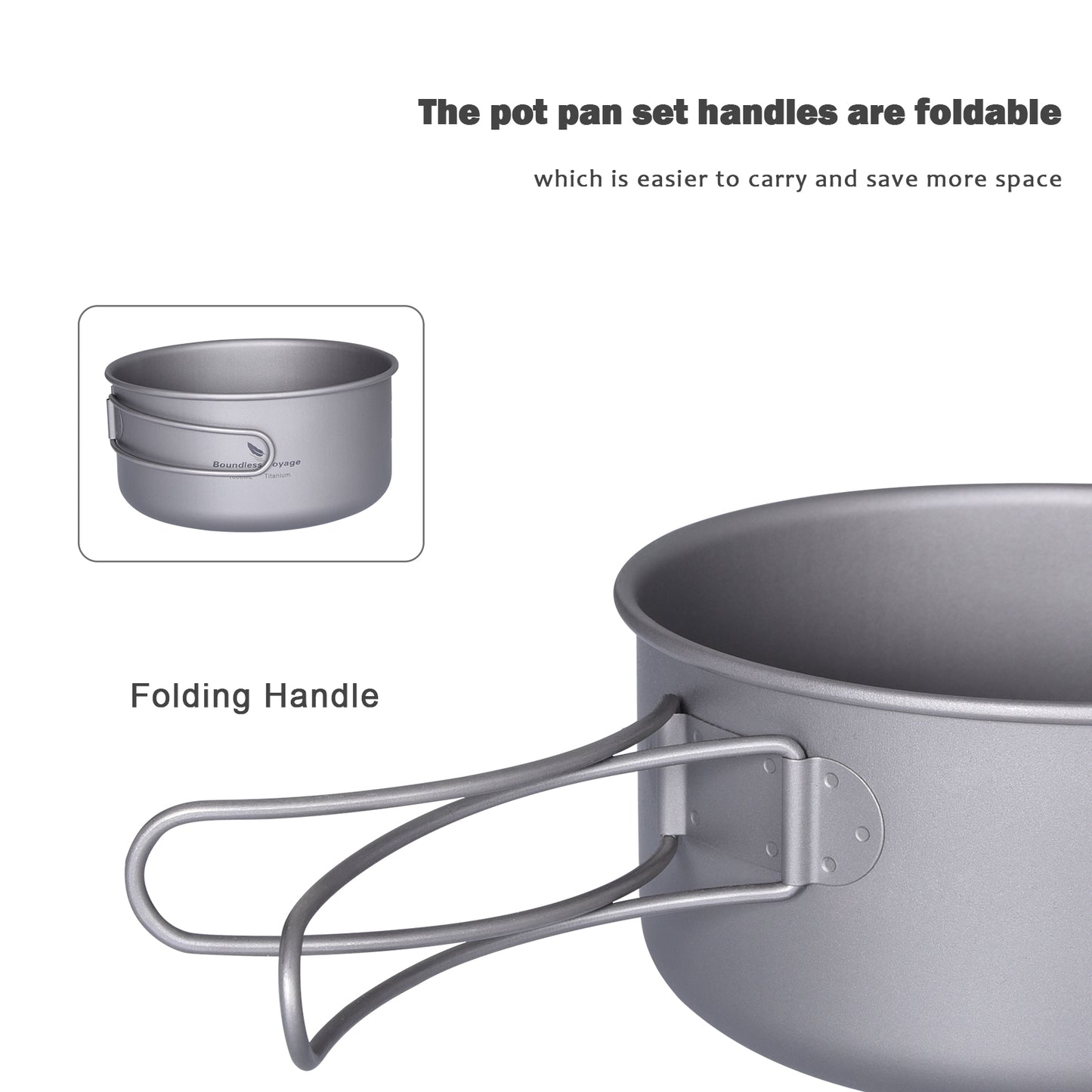 Boundless Voyage Outdoor Titanium Pot Pan Set 500ml+1000ml with Lid Folding Handle Camping Hiking Picnic Ultralight Cookware