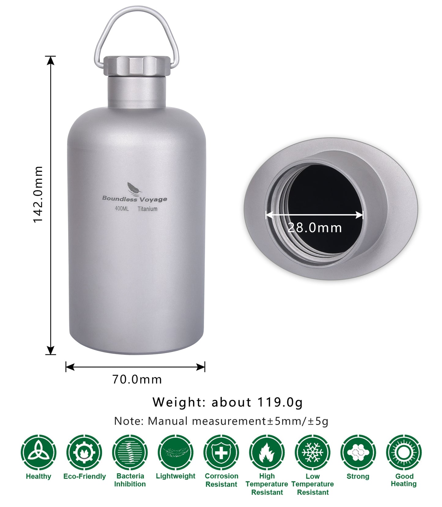 Boundless Voyage Titanium Water Tea Coffee Bottle with Titanium Lid Outdoor Camping Cycling Hiking Sports Picnic Drinkware 400ml