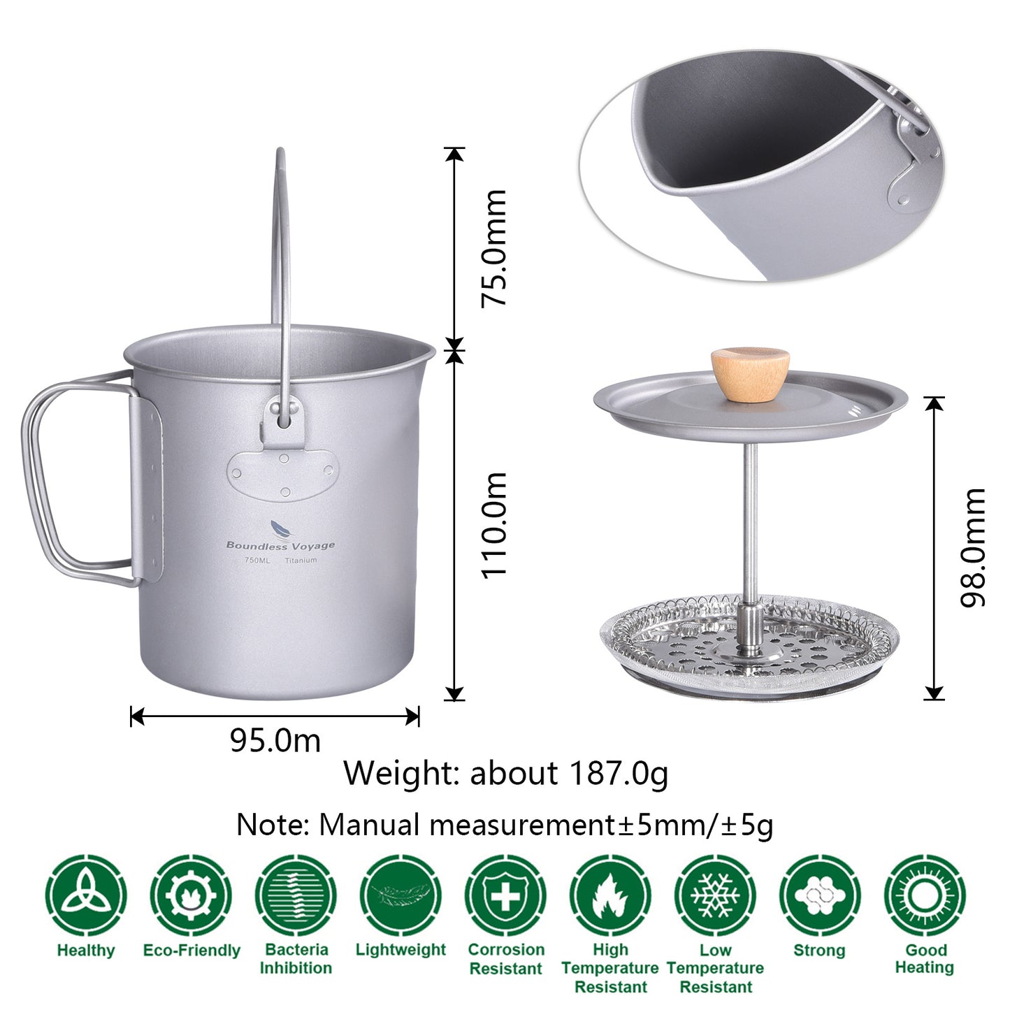 Boundless Voyage Outdoor Camping Titanium Coffee Cup with French Press Device Filter Camp Tea Mug Cooking Pot 750ml 25oz