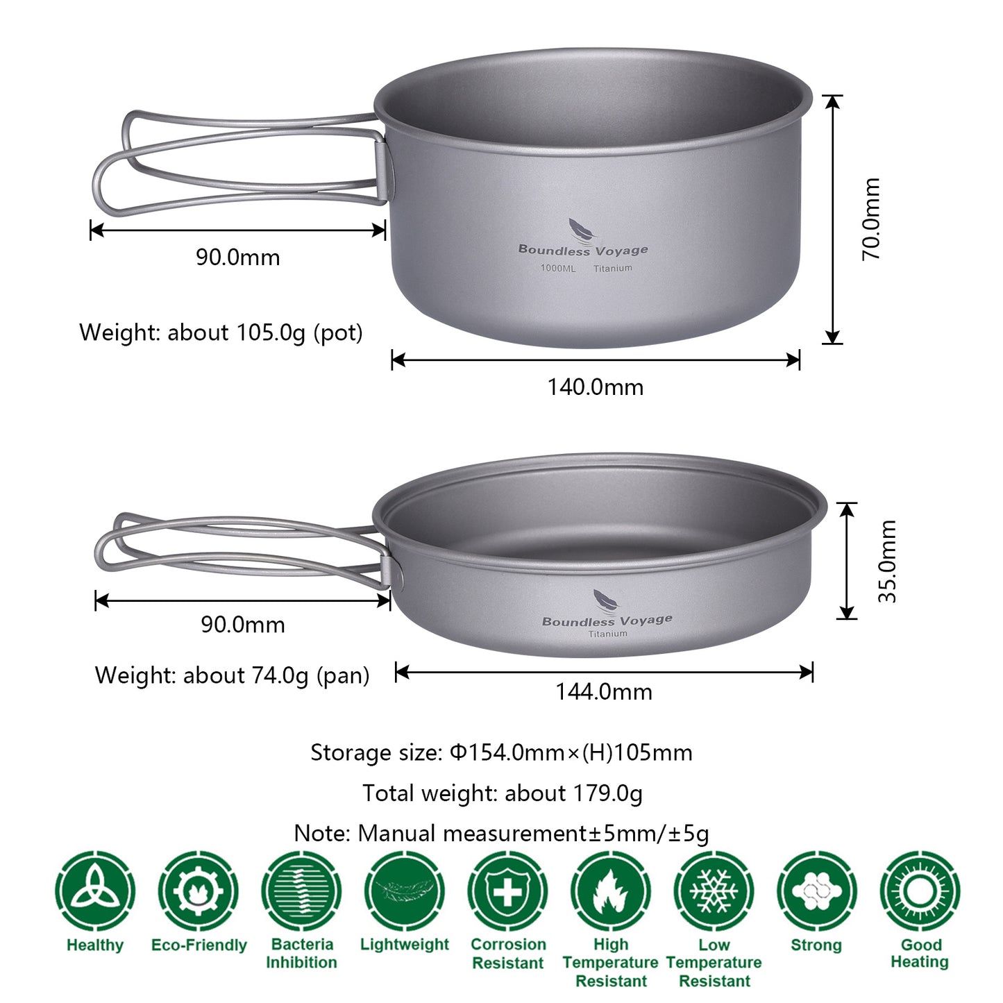 Boundless Voyage Outdoor Titanium Pot Pan Set 500ml+1000ml with Lid Folding Handle Camping Hiking Picnic Ultralight Cookware