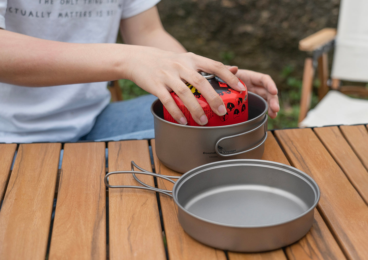 Boundless Voyage TA1 Titanium Pot & Pan Set 500ml + 1000ml with Lid – Ultralight Camping Cookware with Folding Handles for Hiking, Picnic & Outdoor Cooking