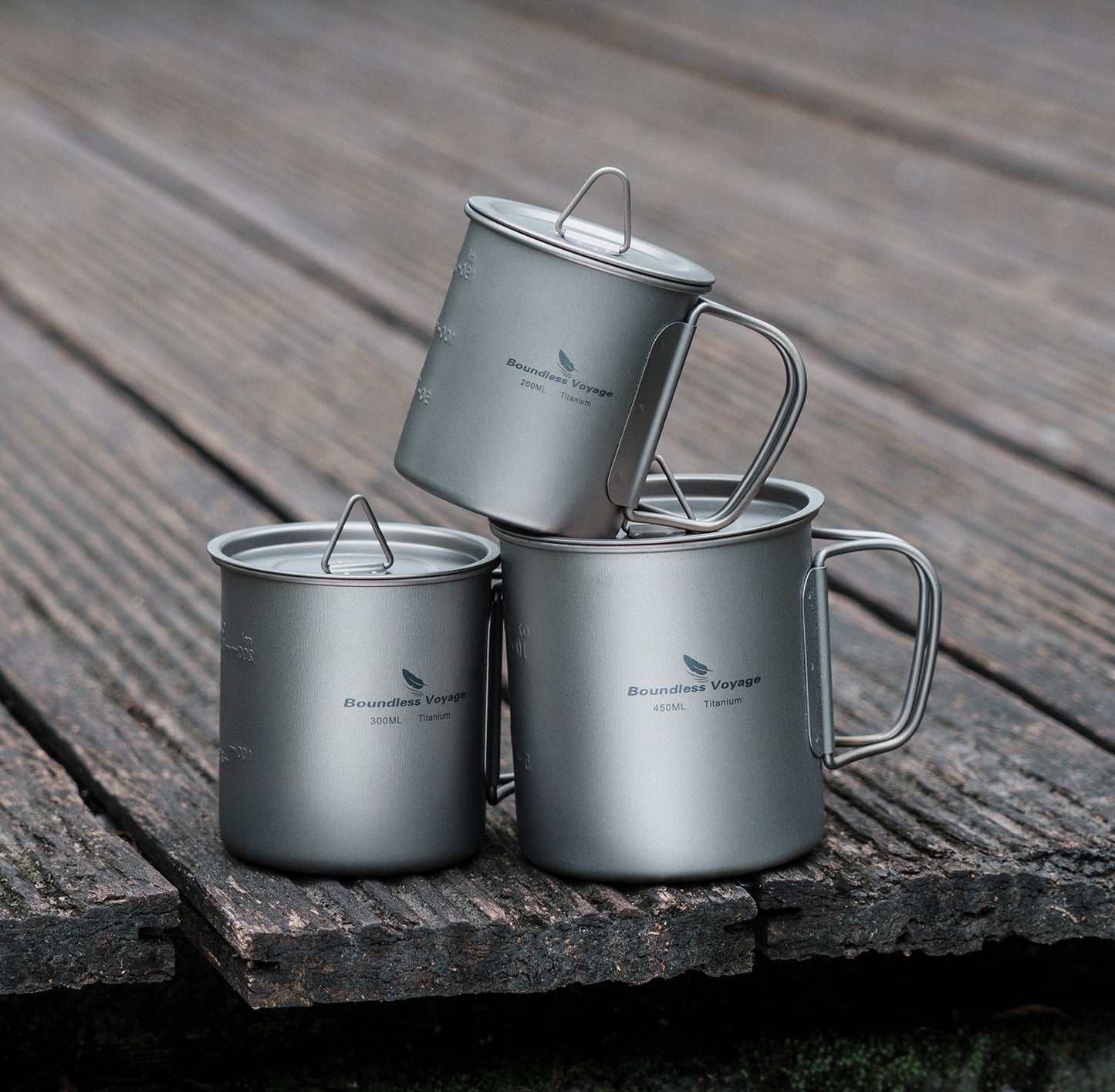 Boundless Voyage 3-Piece Ultralight Titanium Nesting Cup Set | 200/300/450ml Stackable Camping Mug Kit
