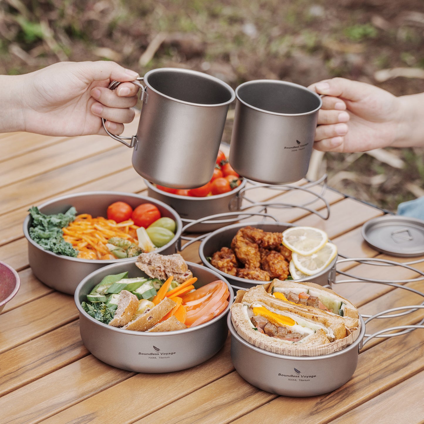 Boundless Voyage Titanium Bowls & Plates Set – 5-Piece Ultralight Folding-Handle Camping Tableware (350/500/600/700/800ml)