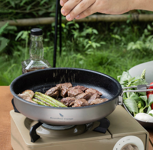 Boundless Voyage 220mm Titanium Non-stick Frying Pan – Ultralight Outdoor Camping Skillet with Folding Handle | Lightweight & Durable Cookware for Hiking & Travel
