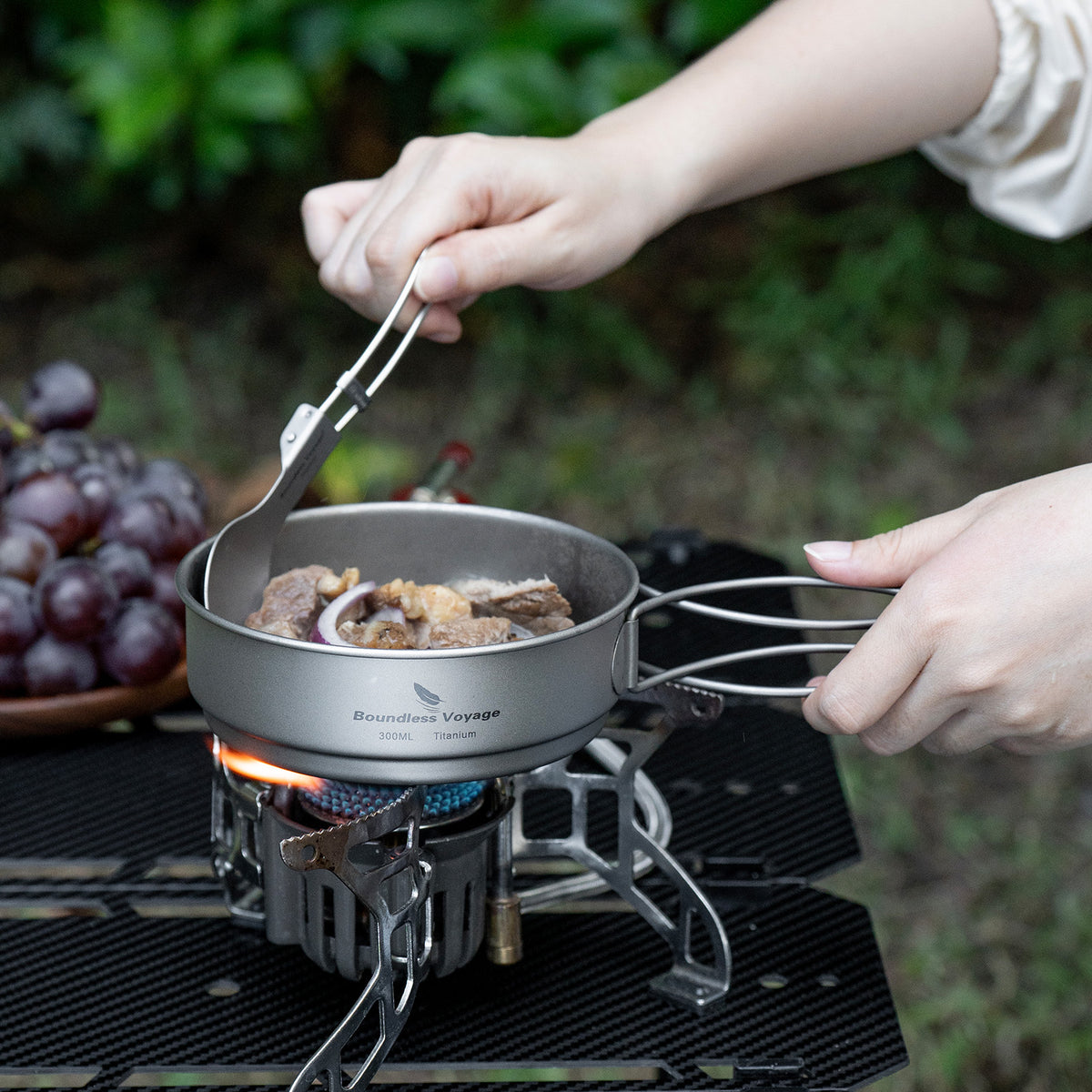 Boundless Voyage Titanium Pot & Pan Set with Folding Handles – Ultralight Camping Cookware Mess Kit for Hiking, Picnic & Outdoor Tableware