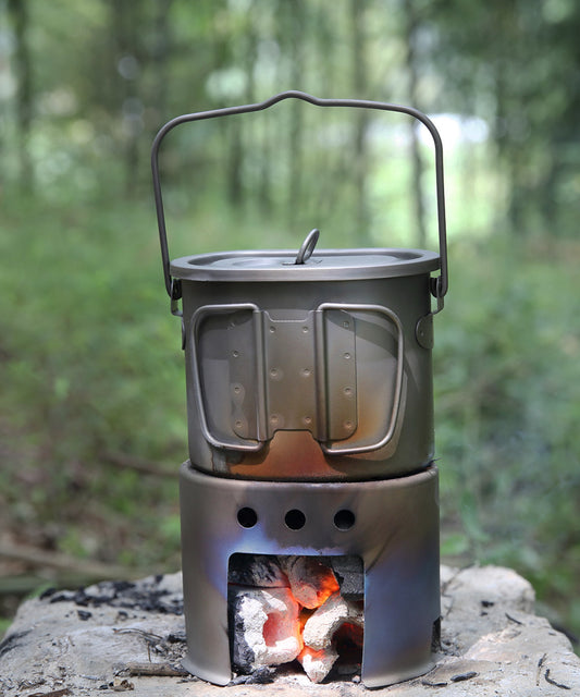 Boundless Voyage TA1 Titanium 2-in-1 Canteen Cup & Wood Stove Set – Ultralight Camping Pot with Folding Handle & Hanging Ring for Outdoor Cooking
