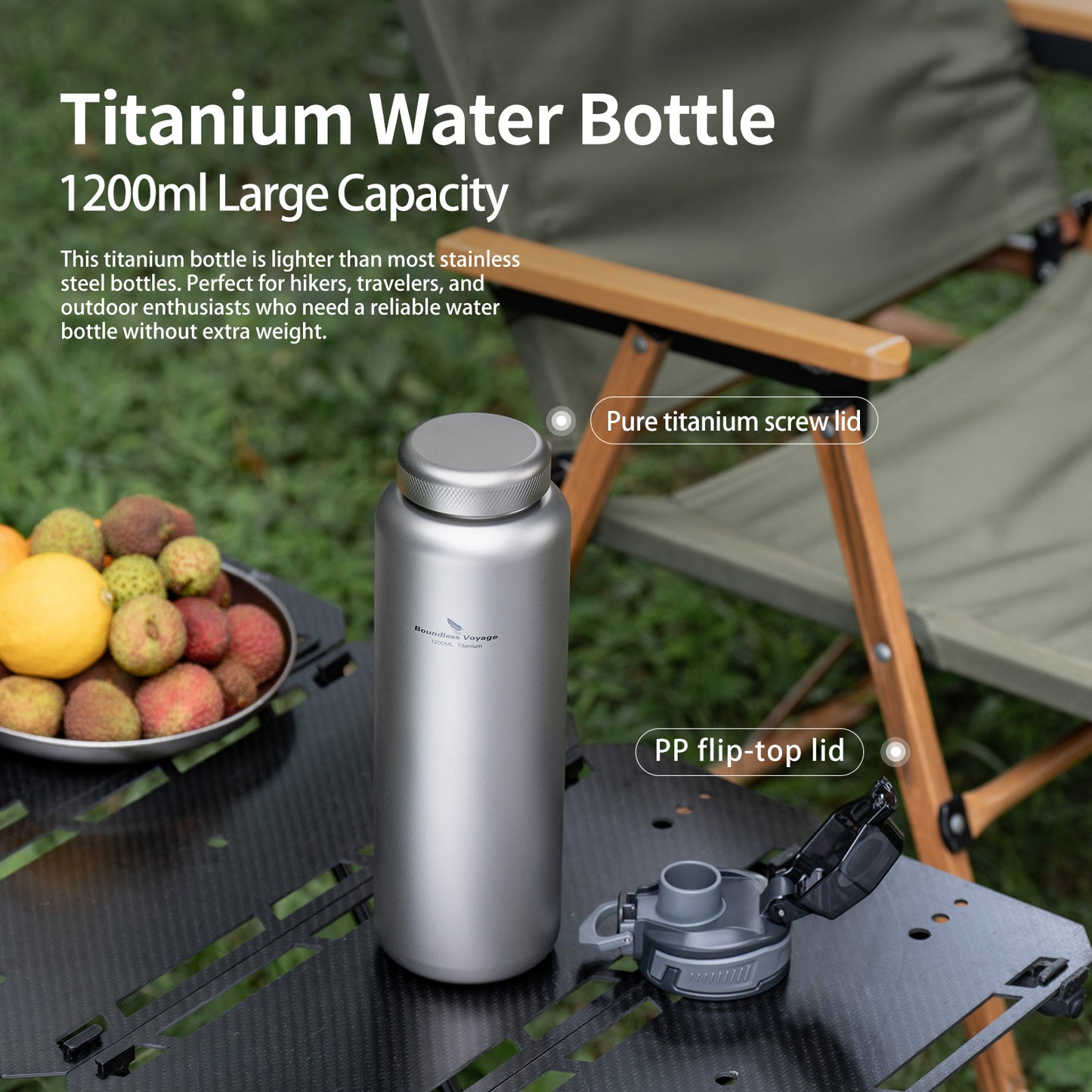 Boundless Voyage 1200ml Titanium Water Bottle with Dual Lids – Wide Mouth Leakproof Outdoor Bottle for Camping, Hiking, Gym & Travel