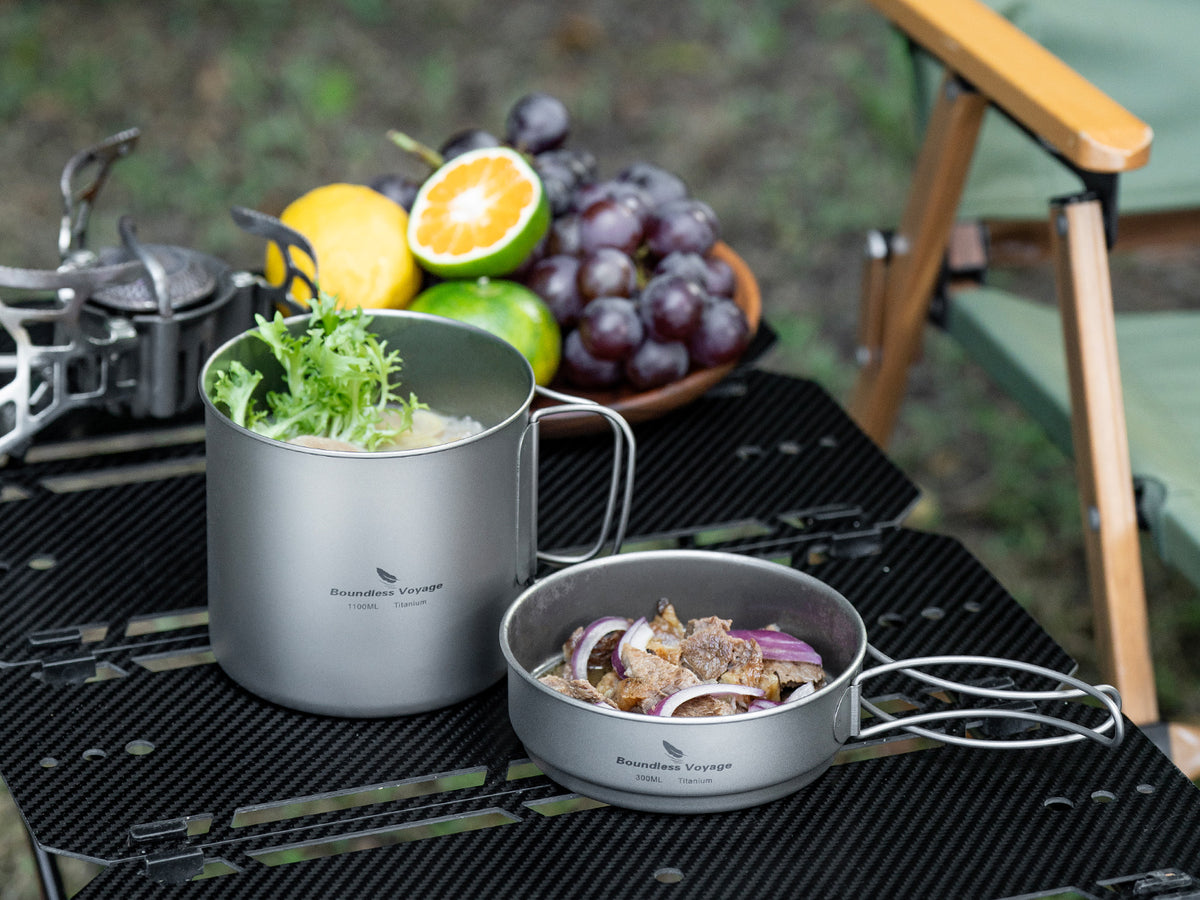 Boundless Voyage Titanium Pot & Pan Set with Folding Handles – Ultralight Camping Cookware Mess Kit for Hiking, Picnic & Outdoor Tableware