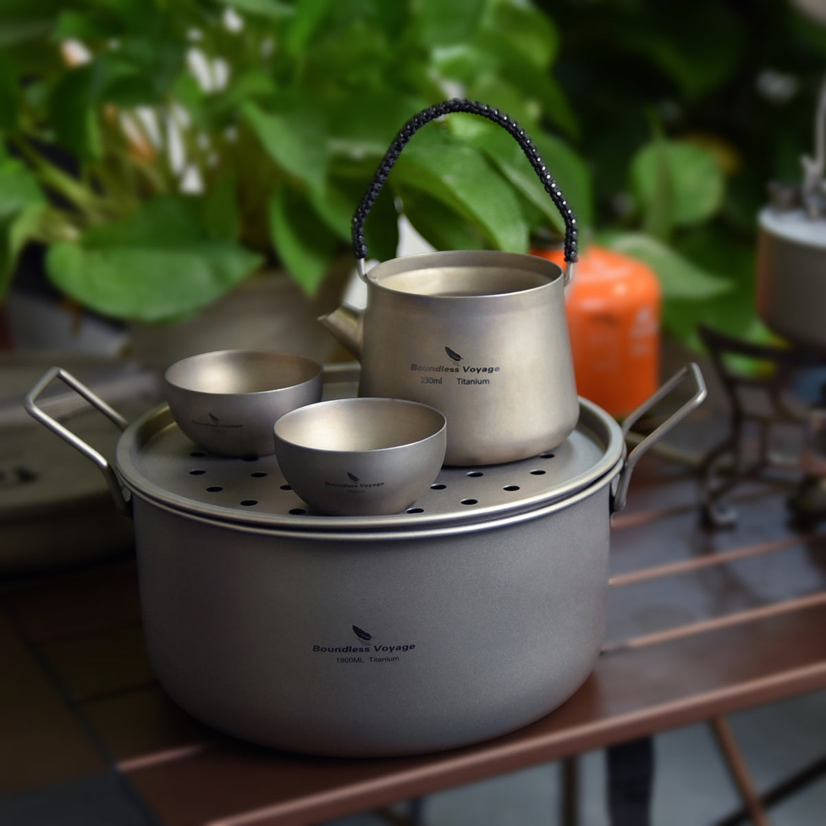 Boundless Voyage Multifunctional Titanium Steamer Soup Pot Frying Pan Set with Lid Outdoor Camping Wok Tea Tray Saucepan Mess Kit
