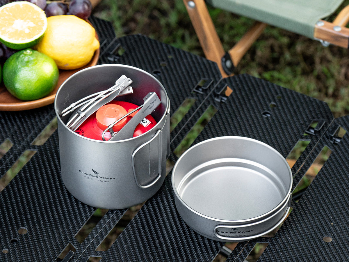 Boundless Voyage Titanium Pot & Pan Set with Folding Handles – Ultralight Camping Cookware Mess Kit for Hiking, Picnic & Outdoor Tableware