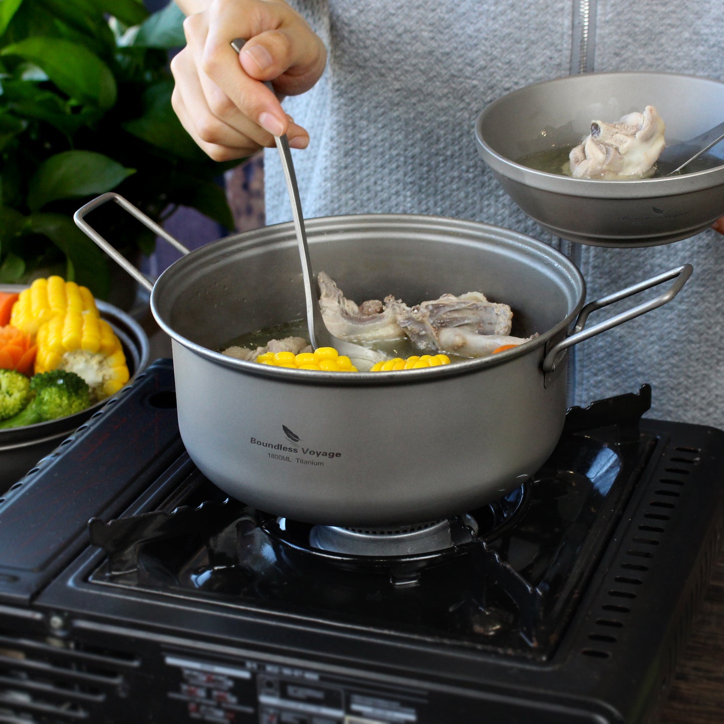 Boundless Voyage Titanium Steamer Pot Set with Lid – Ultralight Camping Stockpot & Steaming Kit, TA1 Titanium Outdoor Cookware for Backpacking, Hiking & Healthy Cooking