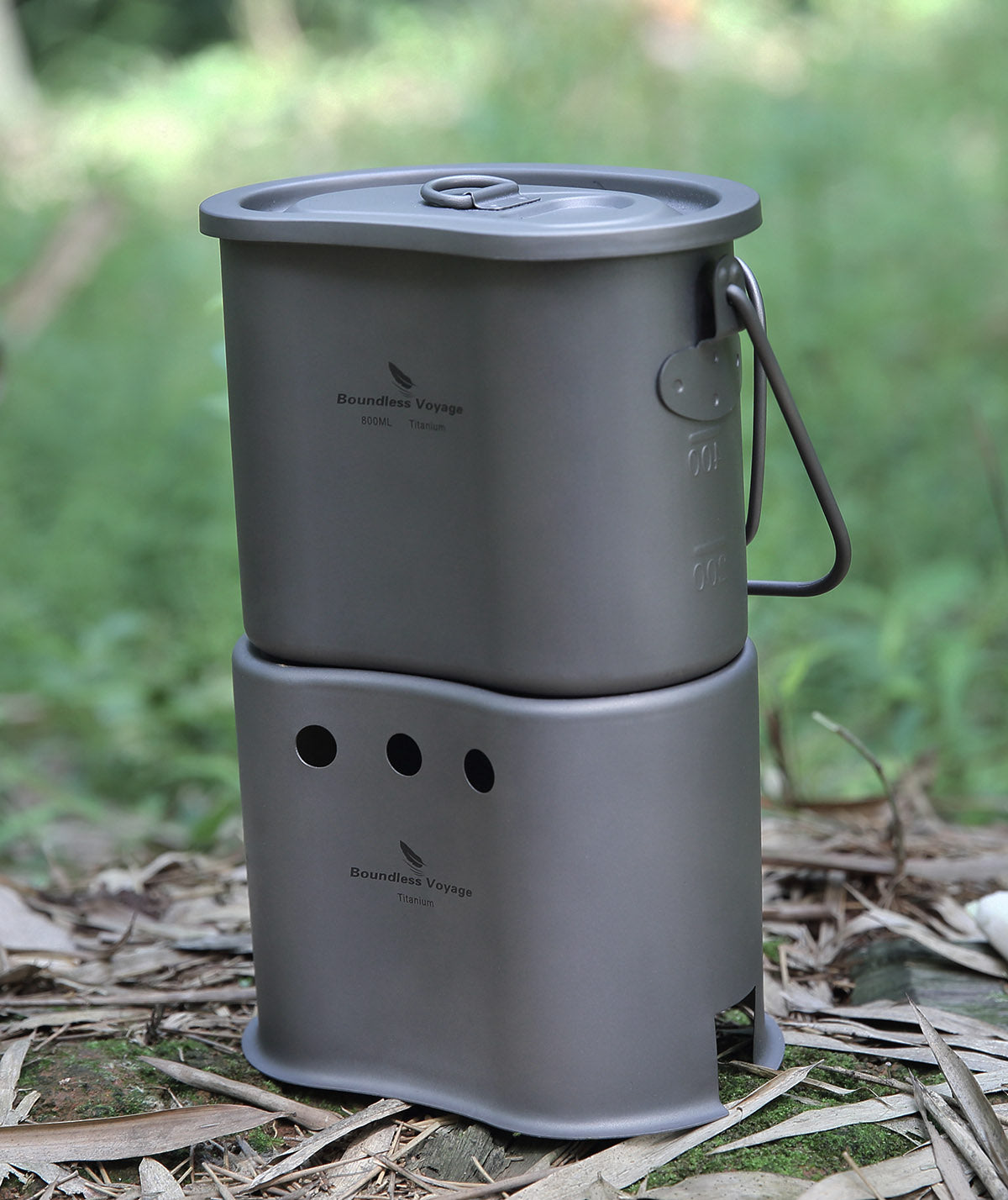 Boundless Voyage Outdoor Camping Titanium Pot Wood Stove set with Folding Handle Hanging Ring 2 in 1 Canteen Cup Furnace