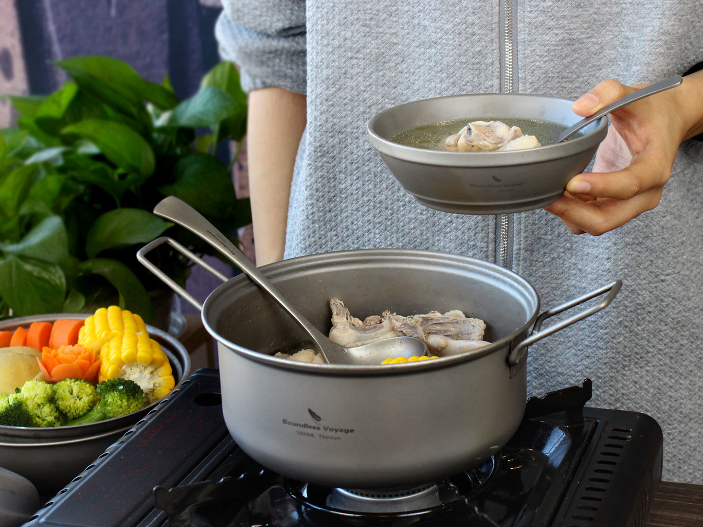 Boundless Voyage Titanium Steamer Pot Set with Lid – Ultralight Camping Stockpot & Steaming Kit, TA1 Titanium Outdoor Cookware for Backpacking, Hiking & Healthy Cooking