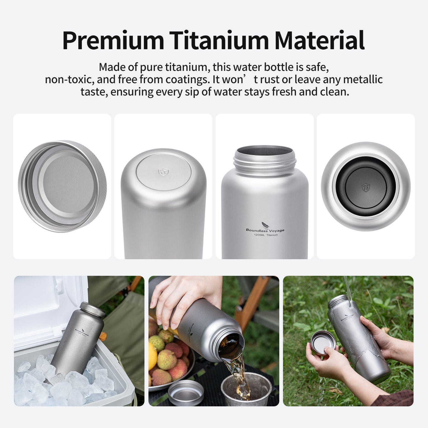 Boundless Voyage 1200ml Titanium Water Bottle with Dual Lids – Wide Mouth Leakproof Outdoor Bottle for Camping, Hiking, Gym & Travel